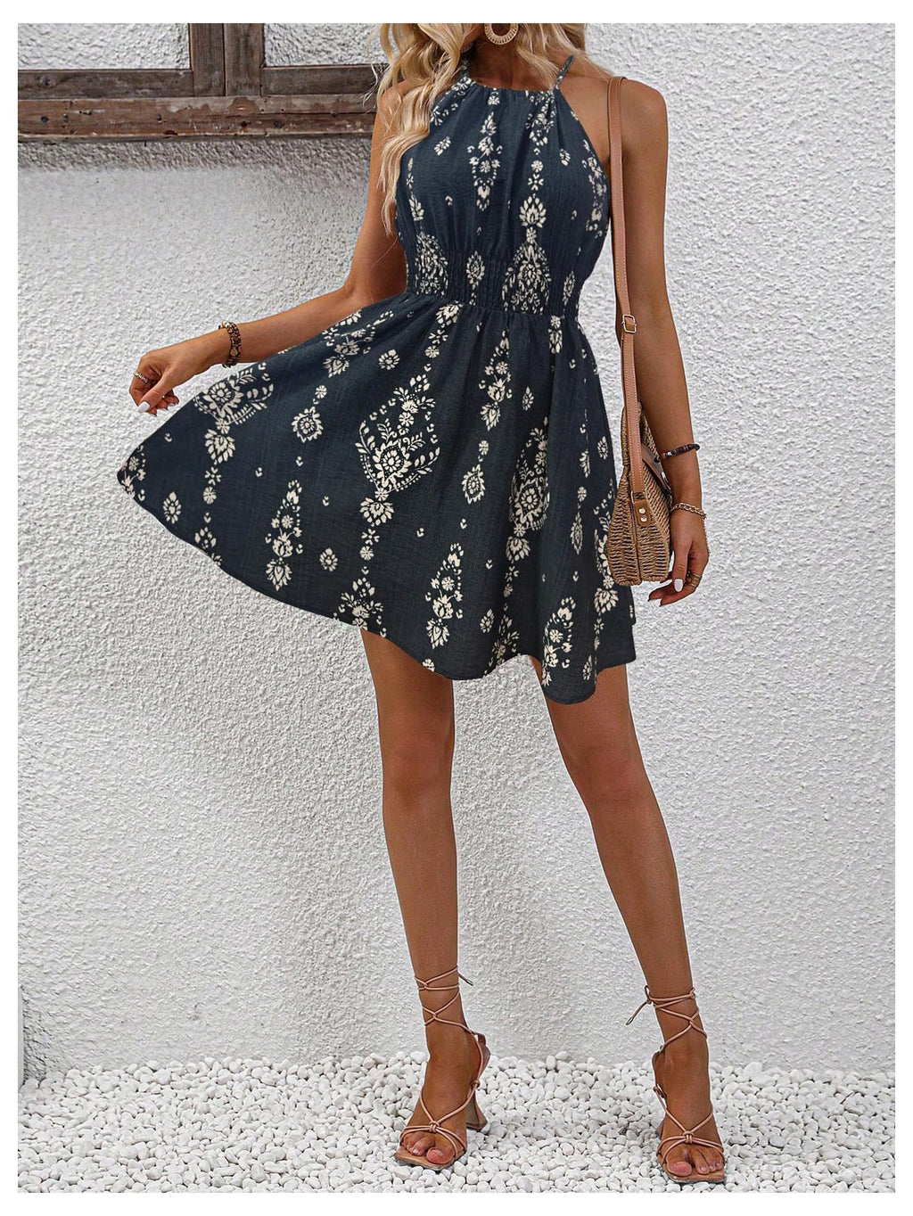 SOLY HUX Women's Floral Halter Mini Dress Boho Sleeveless Flowy Beach Vacation Sundress Multicoloured Floral Large
