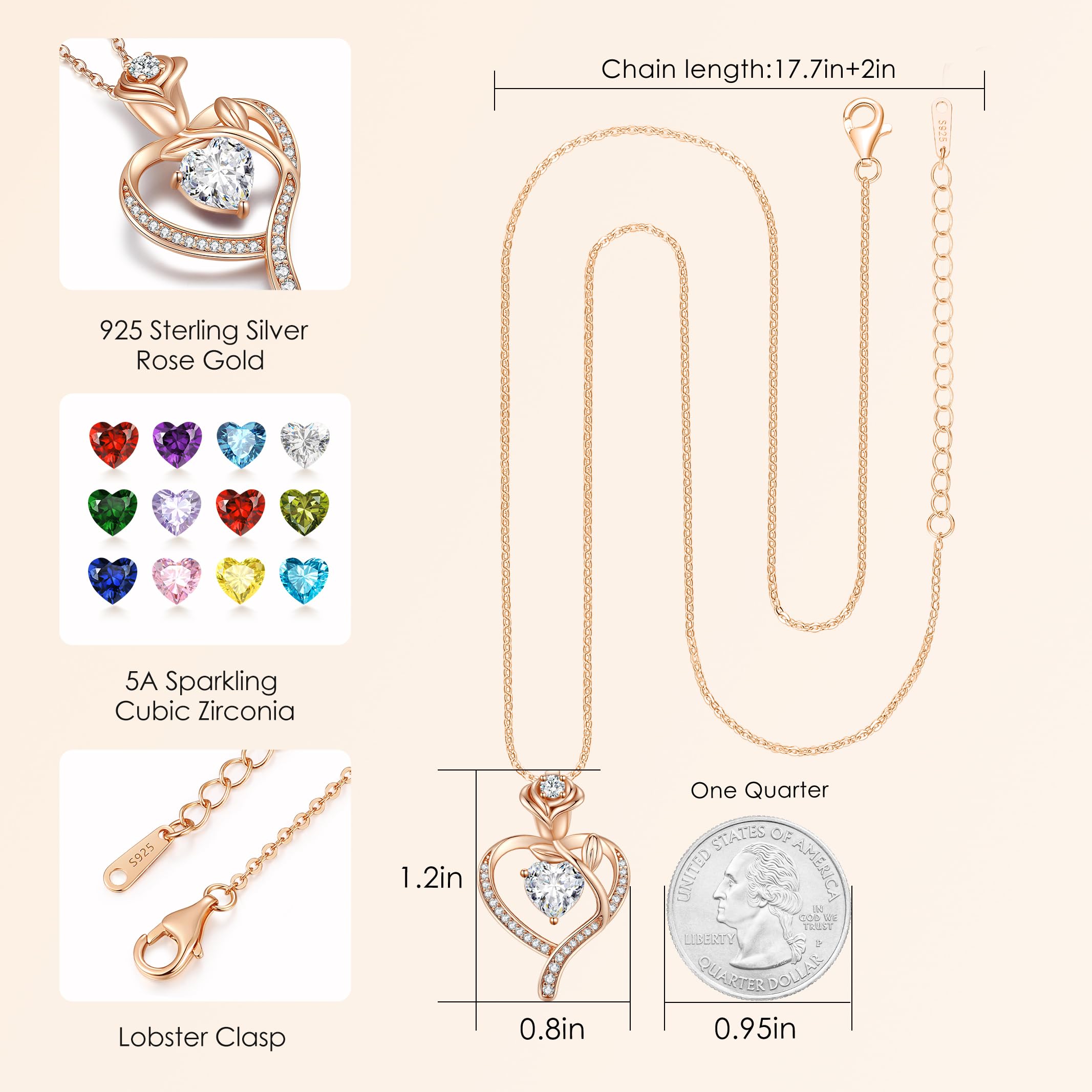 LOUISA SECRET Mothers Day Gifts for Mom Rose Flower Heart Birthstone Necklaces for Women, 925 Sterling Silver Jewelry, Pendant Heart Necklaces Birthday Anniversary Christmas Gift for Women Wife Mom Girlfriend Lady