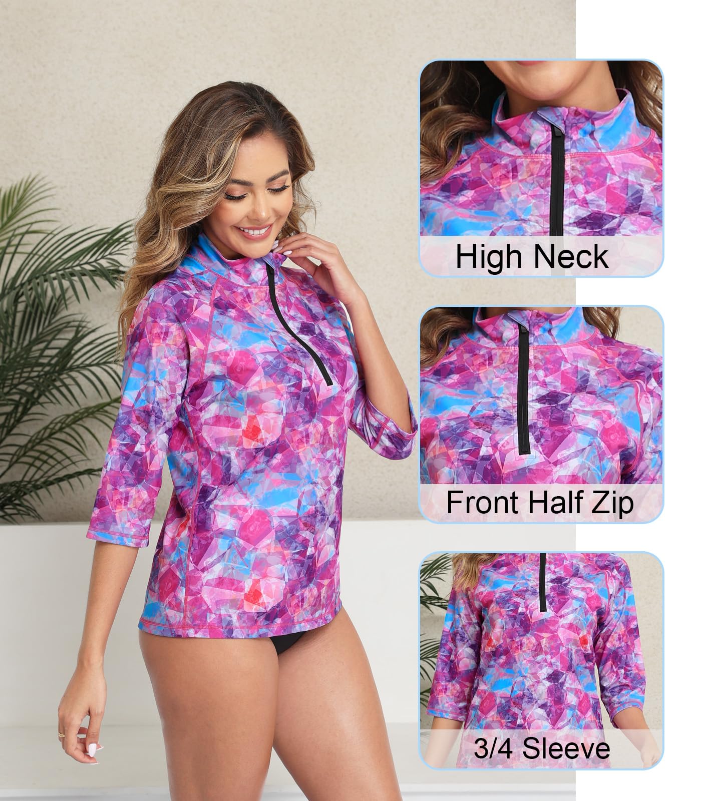 Halcurt Women's 3/4 Sleeve Rash Guard Swimsuit Top High Neck Half Zip Swim Shirt Only UPF50+ Quick Dry Bathing Suit Geometric M
