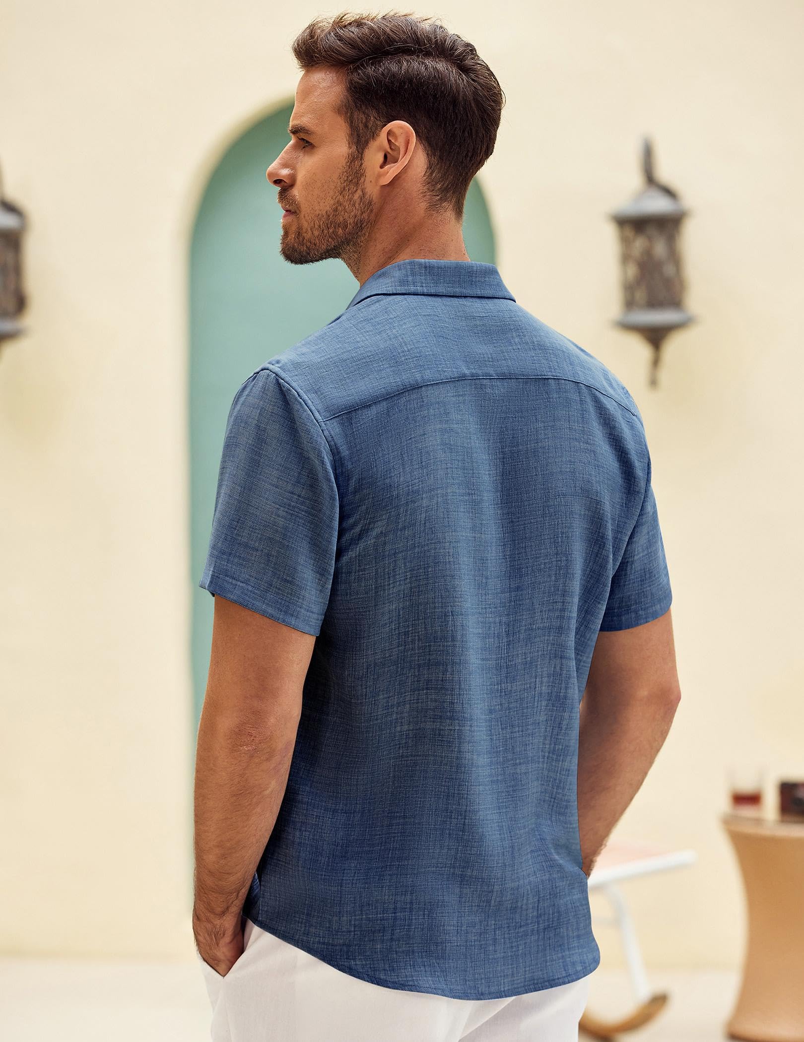COOFANDY Mens Button Down Shirt Short Sleeve Casual Summer Beach Resort Wear Shirts for Men Denim Blue
