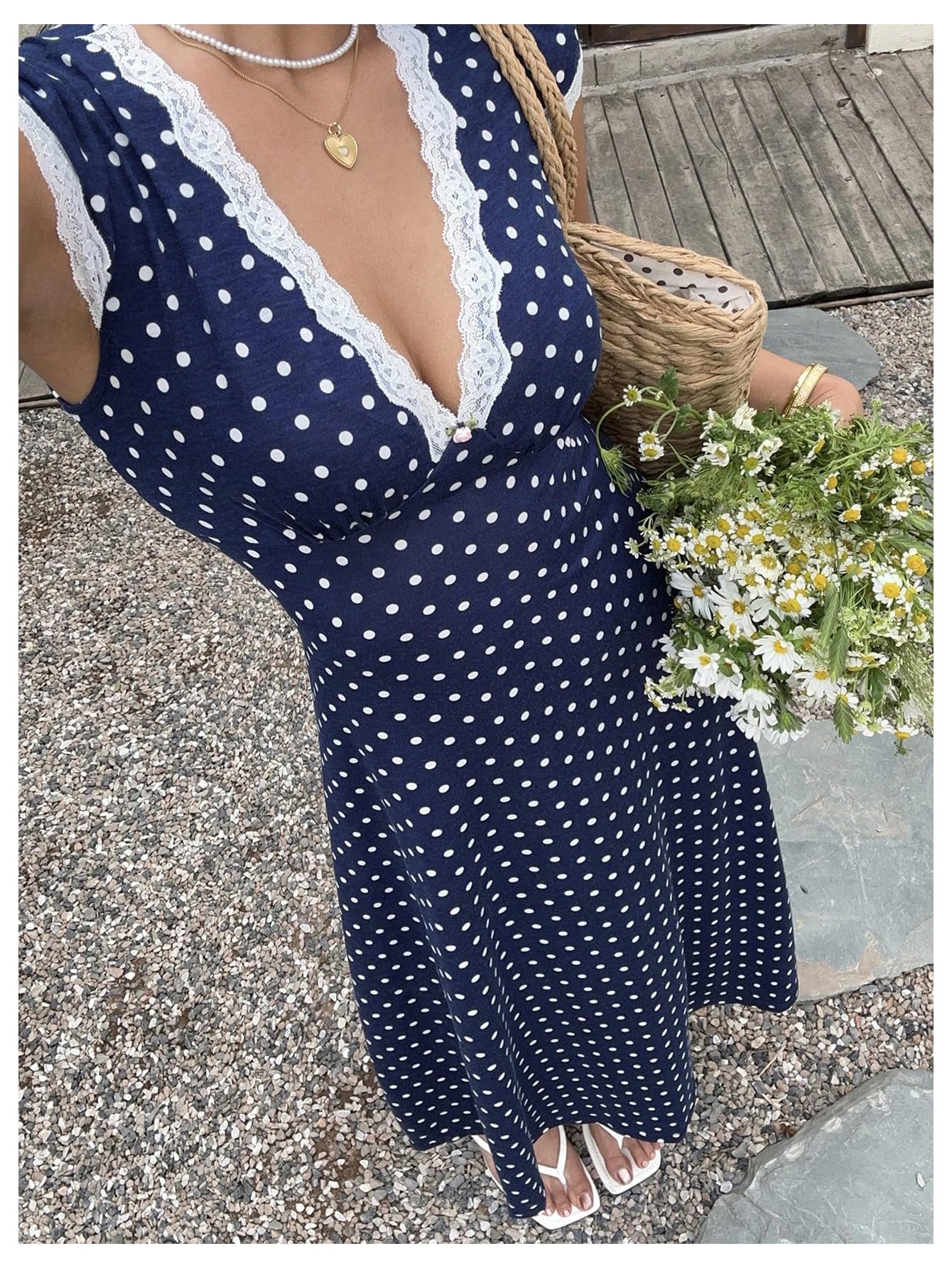 Milumia Women's Polka Dots Lace Trim Deep V Neck Dress Short Sleeve Flared Long Dresses Dark Blue XX-Small