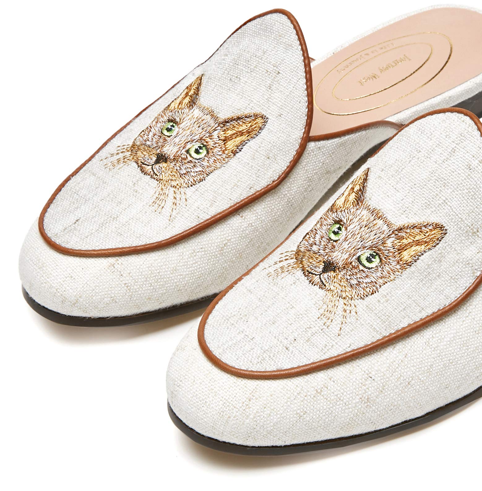 Journey West Women's Mules Flats with Embroidery Belgian Loafers Slip on Slippers for Women Cat White US 9.5