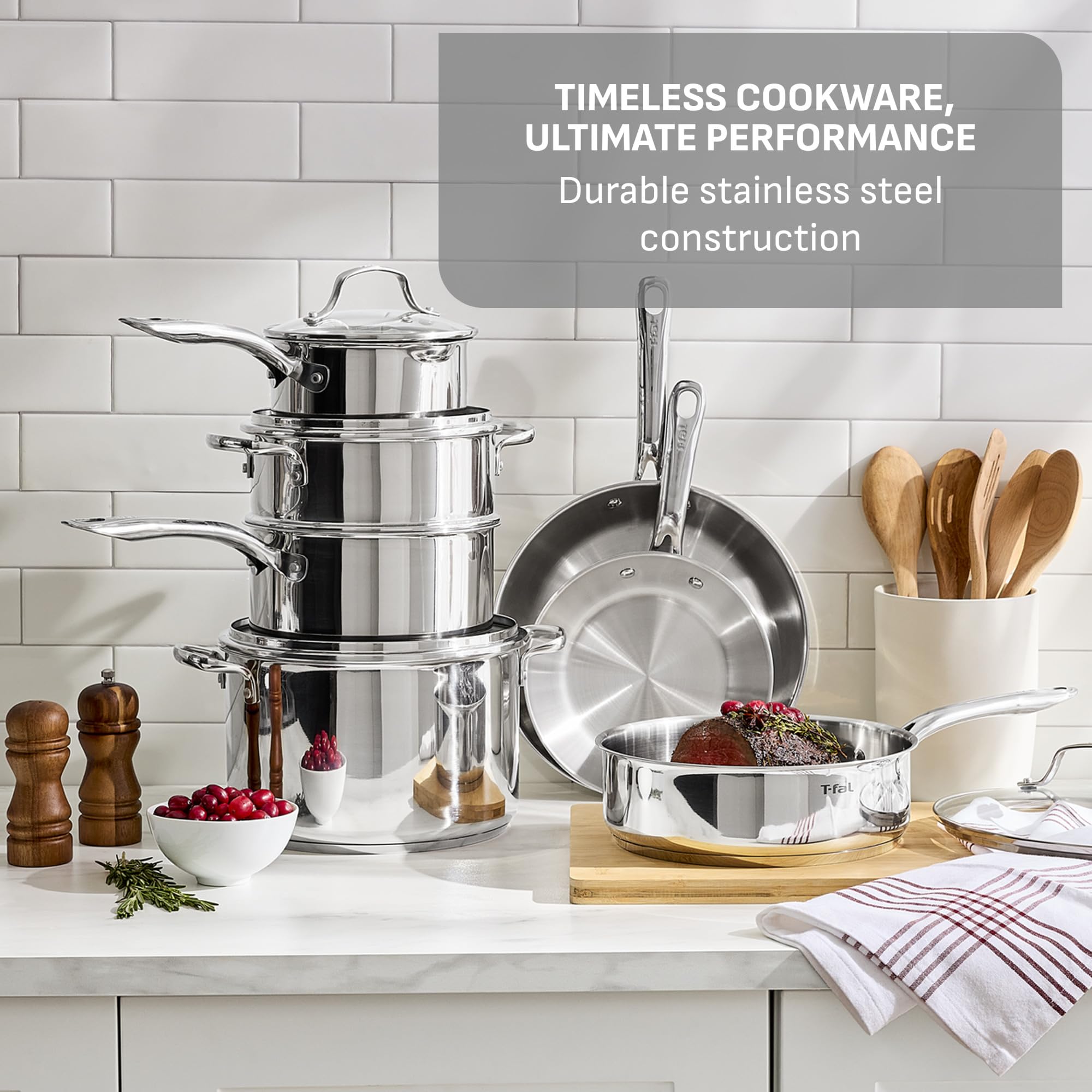 T-fal Stainless Steel Cookware Set 11 Piece, Induction, Oven Broiler Safe 500F, Kitchen Cooking Set w/Fry Pans, Saucepans, Saute Pan, Dutch Oven, Steamer, Pots and Pans, Dishwasher Safe, Silver