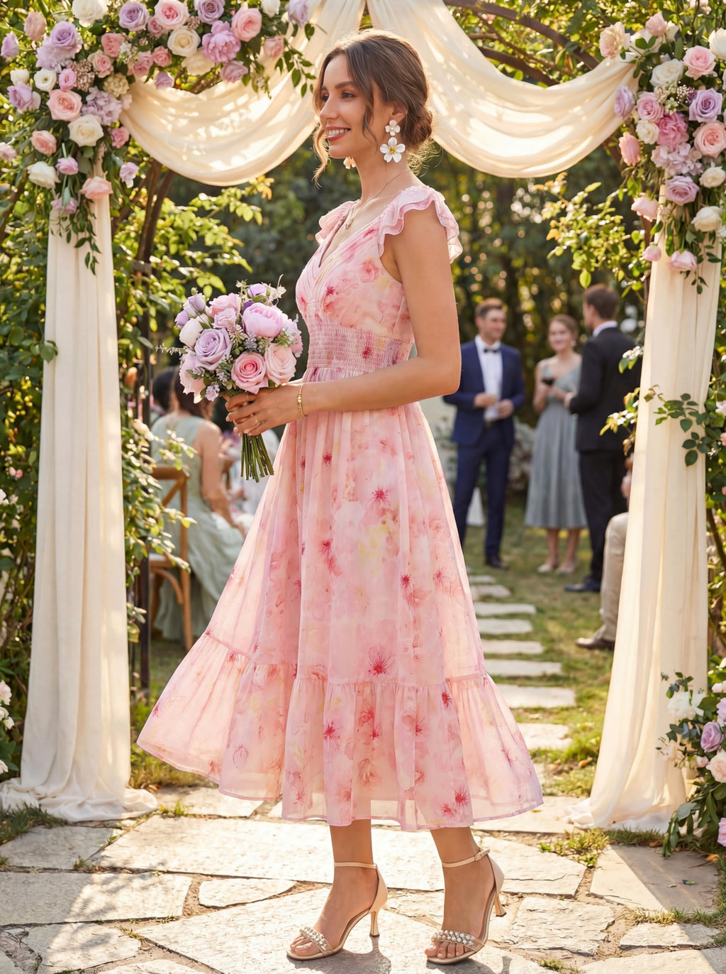 GRACE KARIN Women's Summer Floral Maxi Dress 2026 Ruffle Sleeve Smocked Sundress Flowy Wedding Guest Long Dresses Orange Floral L