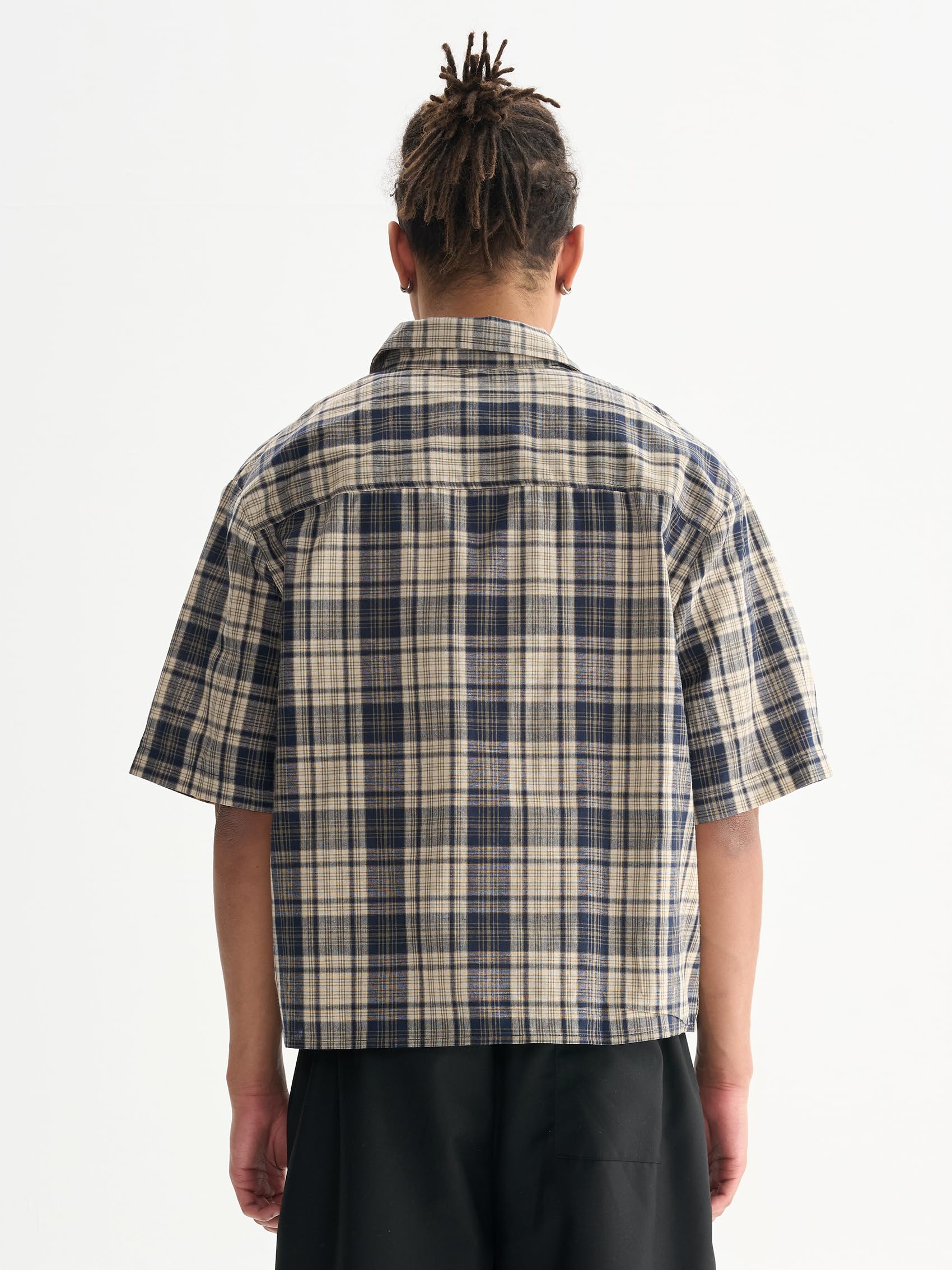 Comfy Quality Boxy Fit Cropped Check Men's T-Shirts Streetwear Short Sleeve Button Down Tops Shirts for Man (US, Alpha, Large, Regular, Regular, Blue)