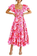 PRETTYGARDEN Women's Casual Summer Midi Dress Puffy Short Sleeve Square Neck Smocked Tiered Ruffle Dresses (Floral Rose Red,Large)