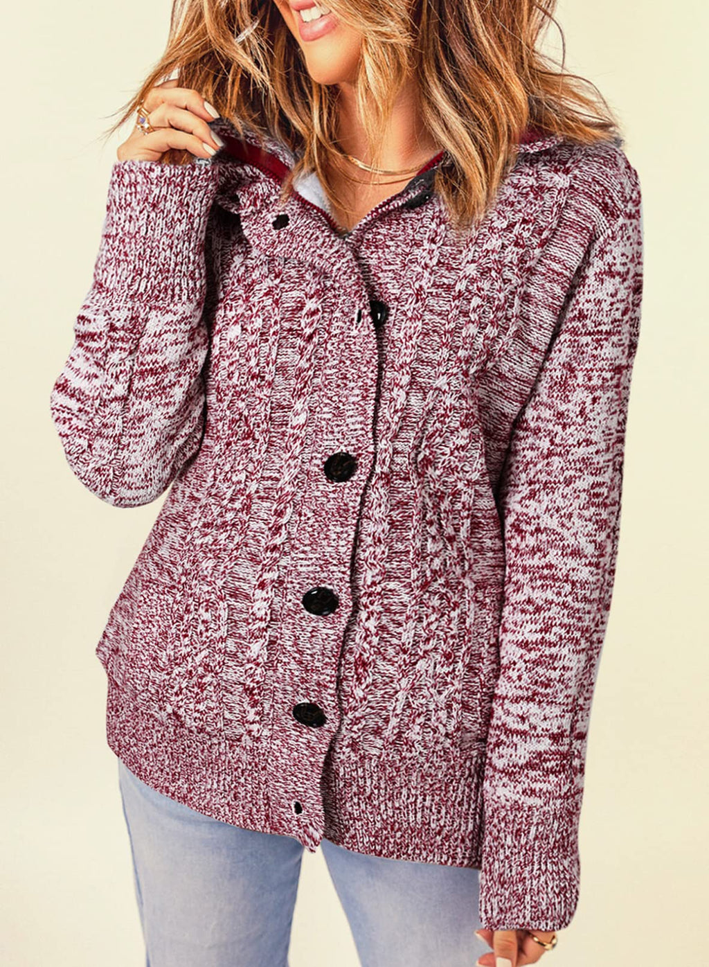 Sidefeel Women's Cardigan Hooded Fleece Lined Jackets Winter Cable Knit Sweater Coat Medium Red
