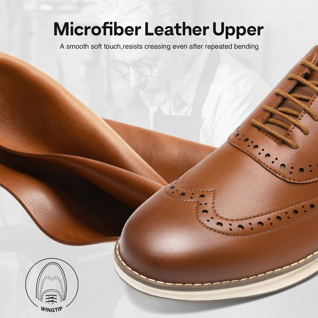 HEEZ Men's Dress Sneakers, Casual Dress Shoes for Men Comfortable, Wingtip Business Formal Oxfords Shoes for Office Work Wedding Travel Daily Brown