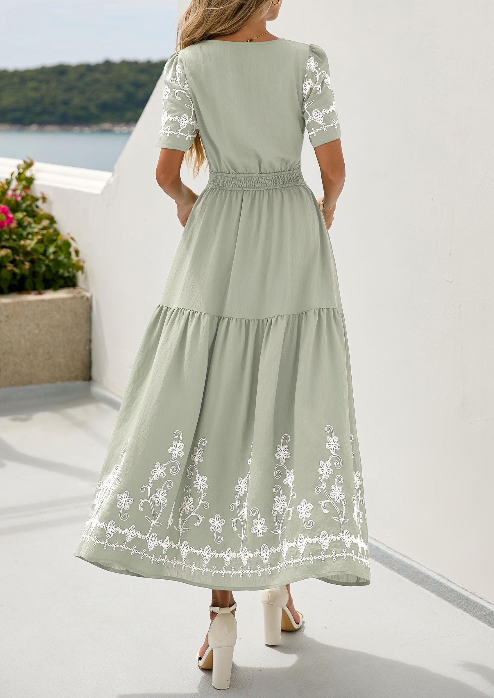 PRETTYGARDEN Women's Summer Boho Maxi Dress 2026 Spring Floral Short Sleeve V Neck A Line Flowy Beach Wedding Guest Dresses (Light Green,XX-Large)