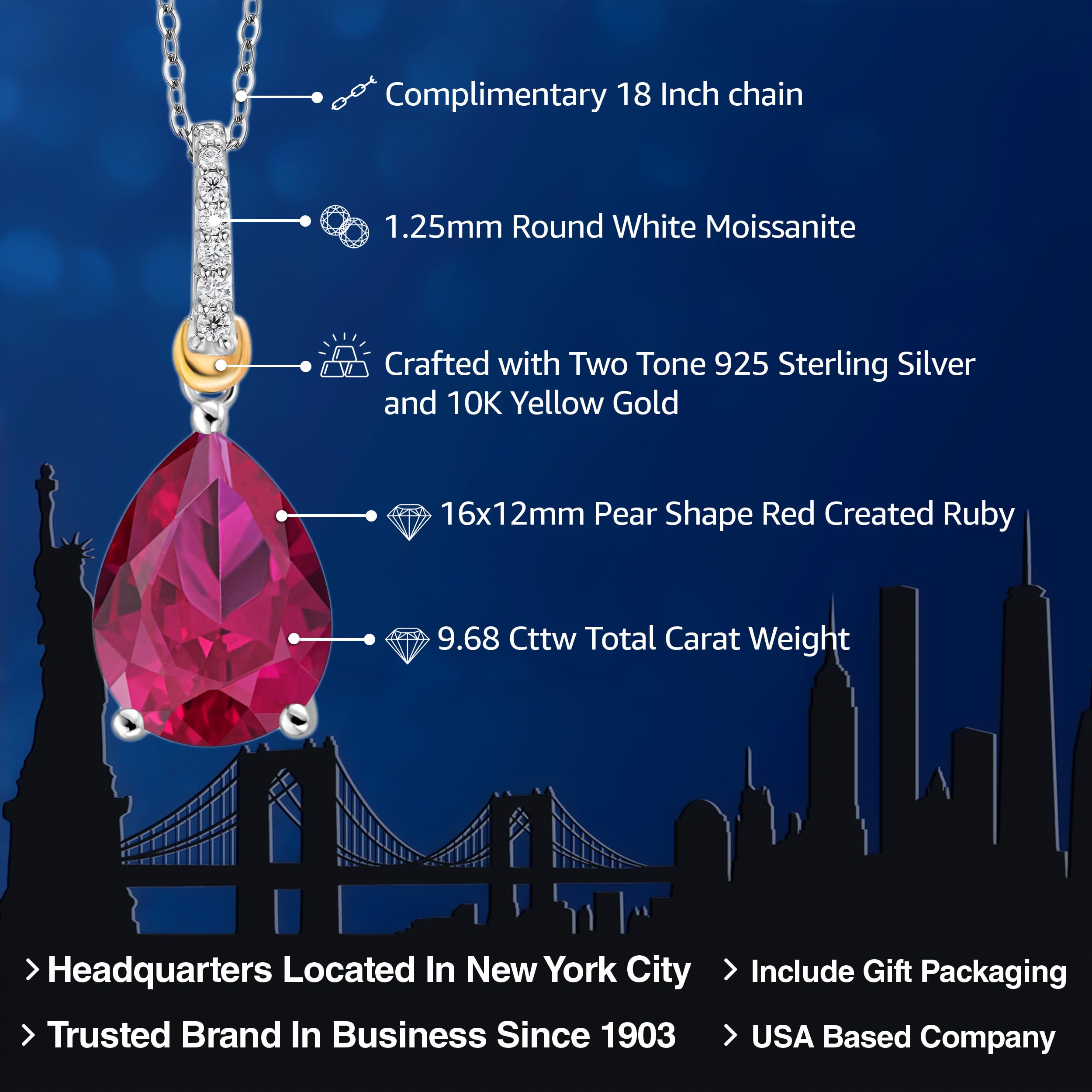Gem Stone King 6-10 Cttw Gemstone Birthstone and White Moissanite Teardrop Pendant Necklace for Women | 925 Sterling Silver and 10K Yellow Gold | Pear Shape 16X12MM | With 18 Inch Chain