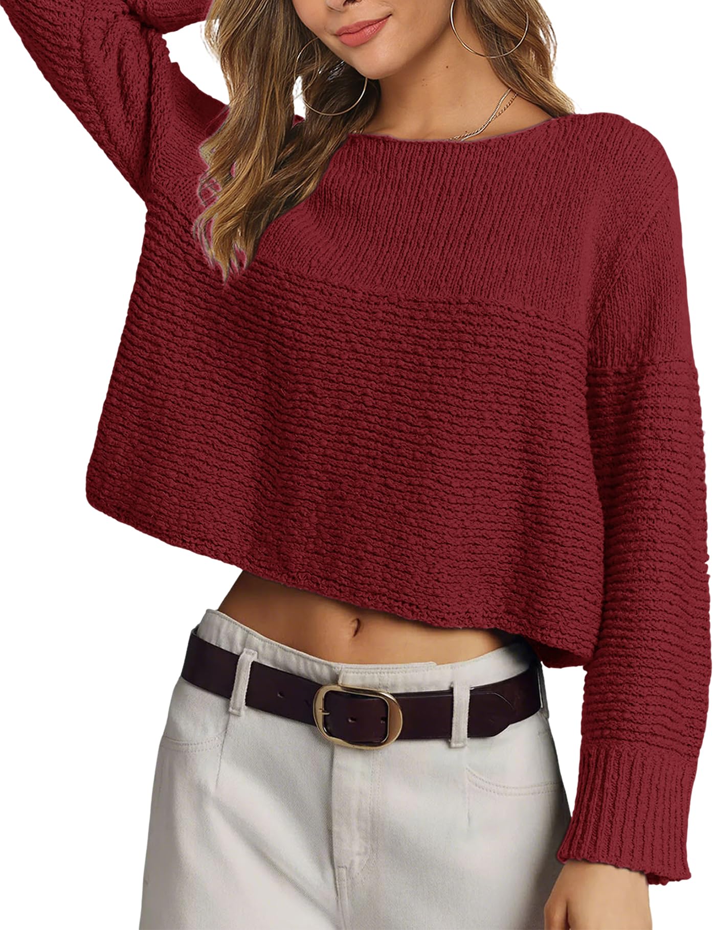 PRETTODAY Women's Crew Neck Knit Sweater Long Sleeve Textured Ribbed Casual Loose Cropped Pullover Tops