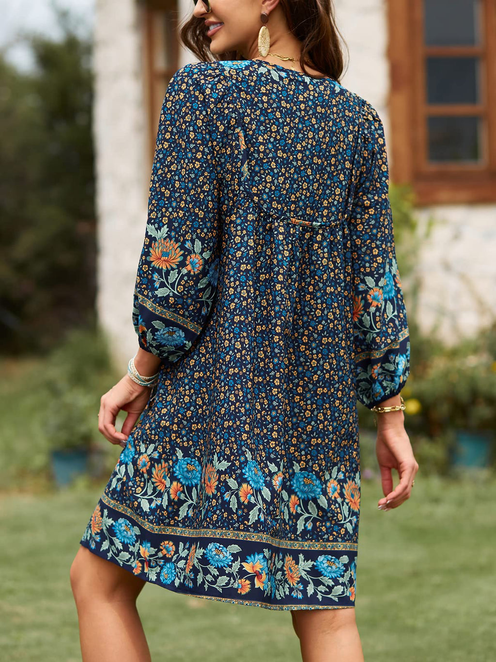 Qearal Womens Summer Beach Dresses V Neck 3/4 Long Sleeve Floral Print Casual Dresses Navy, XL