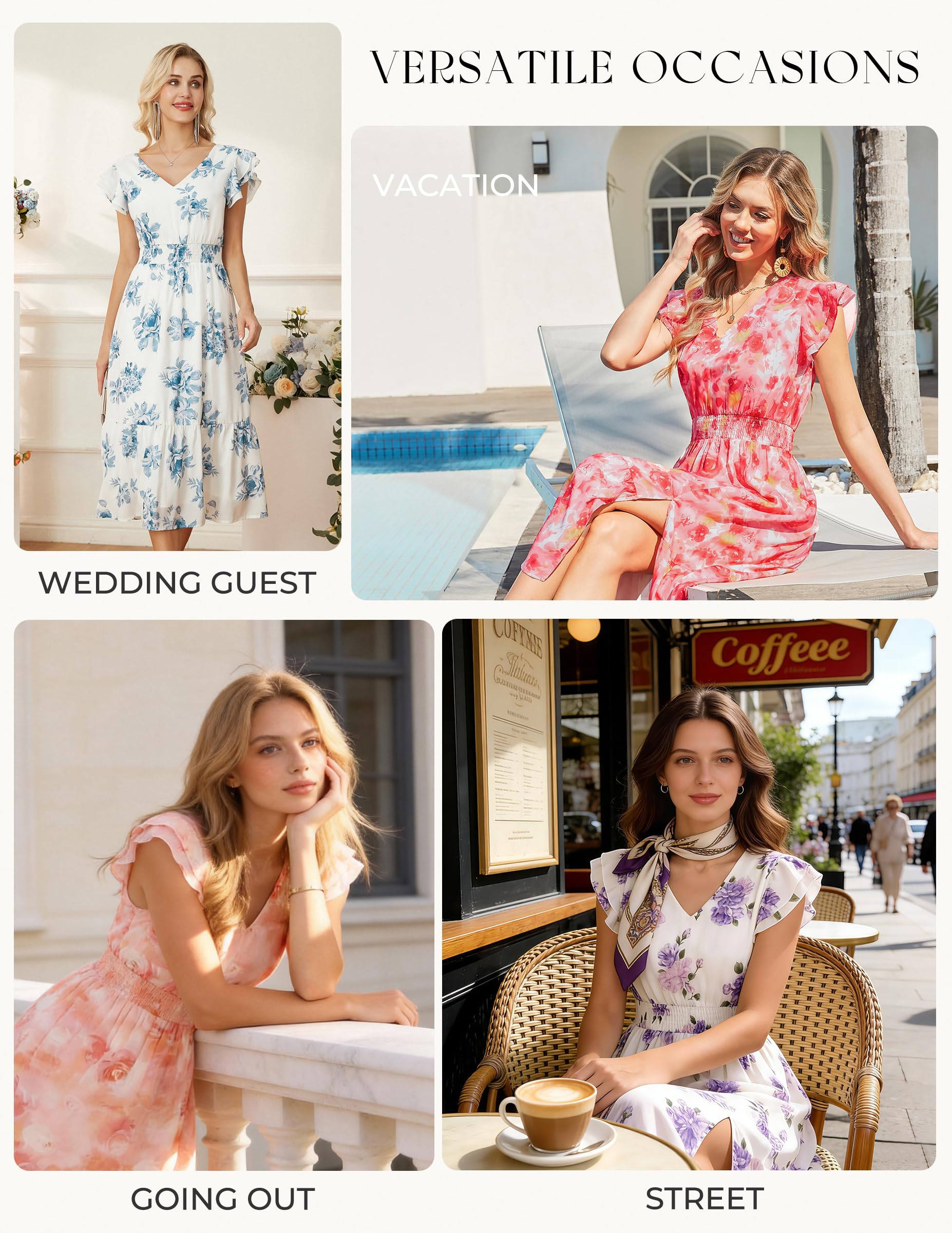GRACE KARIN 2026 Womens Summer Dresses V Neck Ruffle Sleeve Floral Boho Beach A-Line Dress Green-Floral Print X-Large