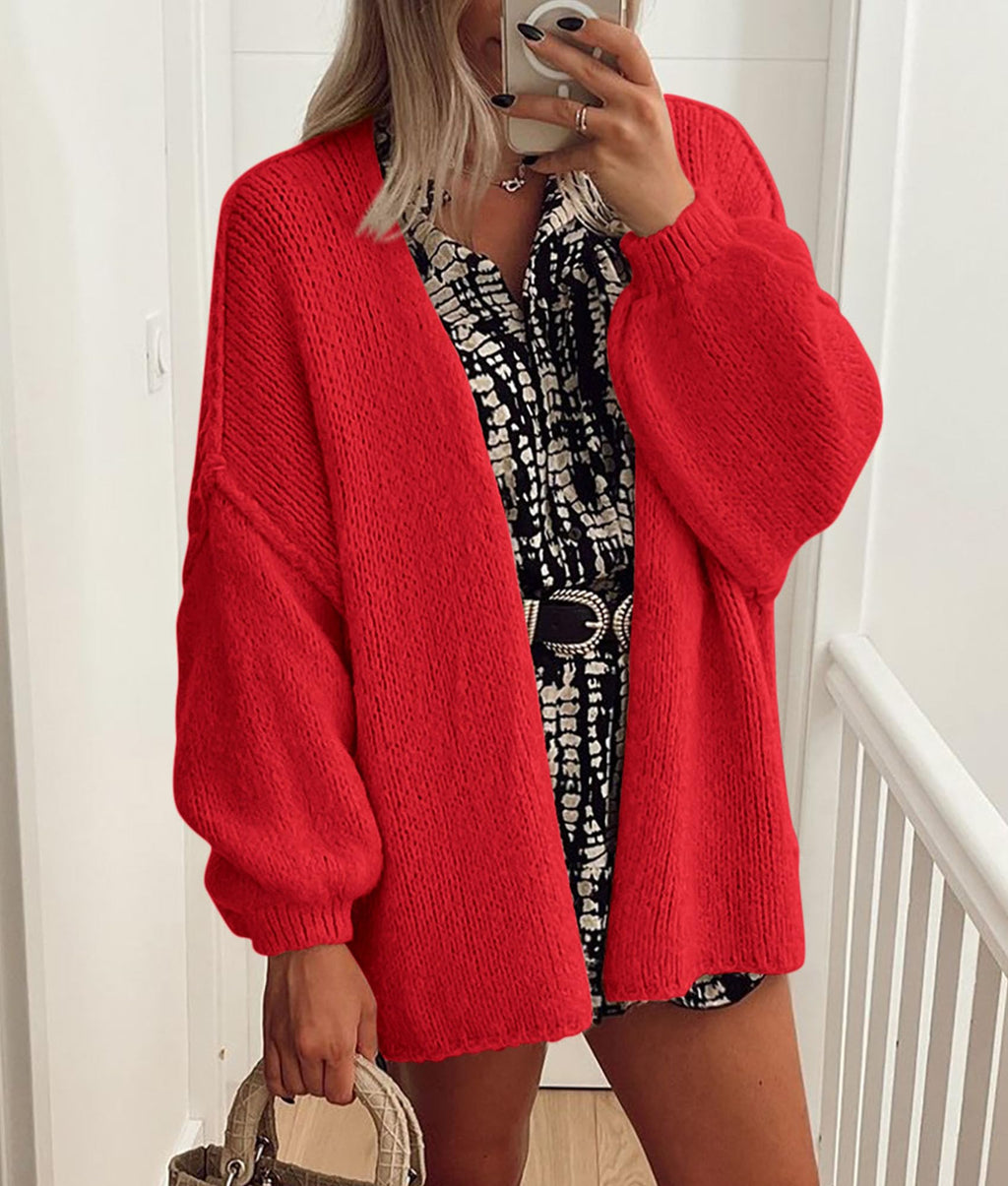 PRETTYGARDEN Womens Oversized Cardigan Sweaters 2026 Fall Long Lantern Sleeve Knit Open Front Lightweight Sweater (Red,Large)