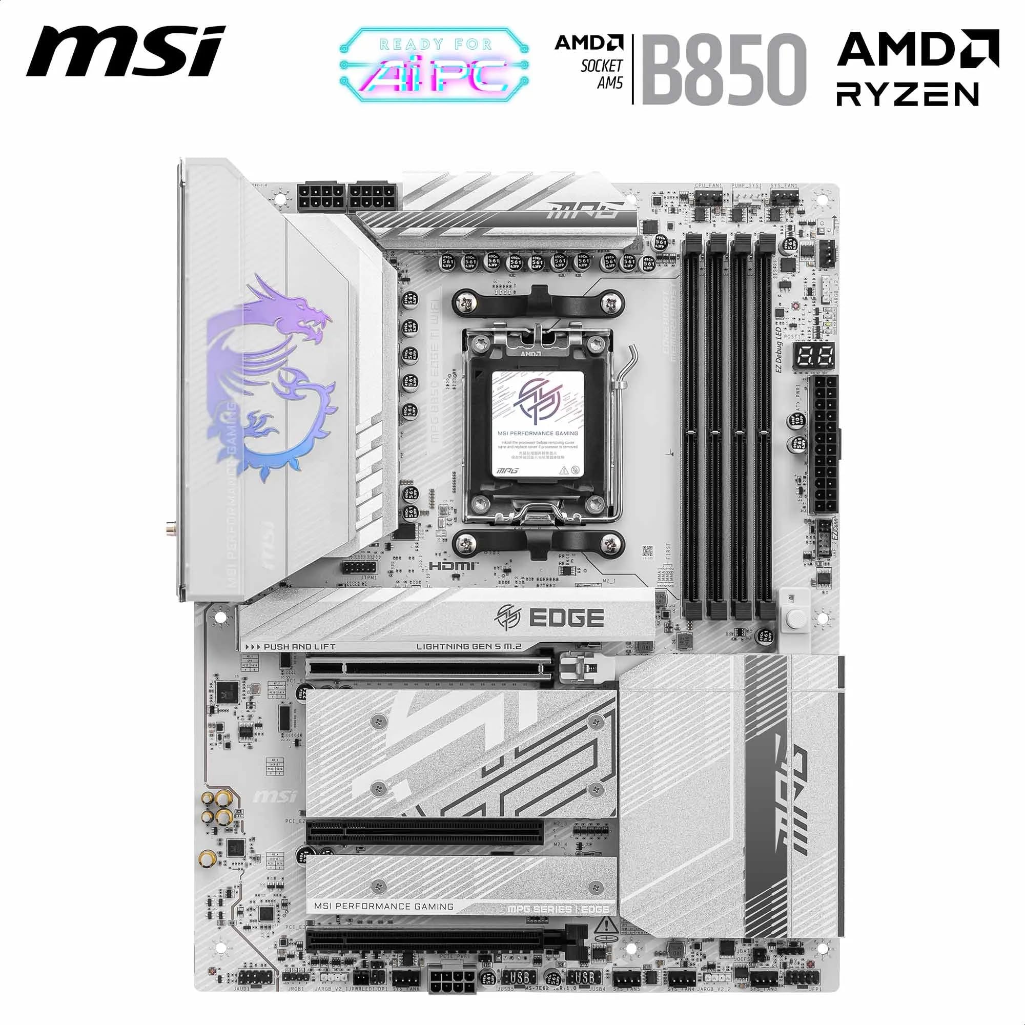 MSI MPG B850 Edge TI WiFi Motherboard, ATX - Supports AMD Ryzen 9000/8000 / 7000 Processors, AM5-80A SPS VRM, DDR5 Memory Boost (8400+MT/s OC), PCIe 5.0 x16, M.2 Gen5, Wi-Fi 7, 5G LAN