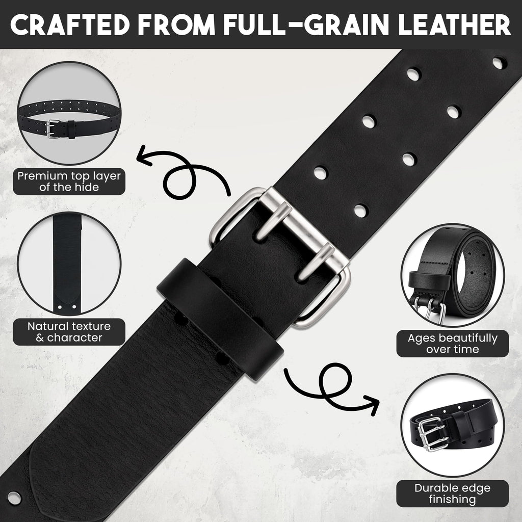 PBF Belts for Men - Double Prong 38mm Full Grain Wide Leather belt for men - Heavy Duty, Crack & Peel & Nickel Free, Adjustable & Comfortable (For Waist 58" - 62", Black)