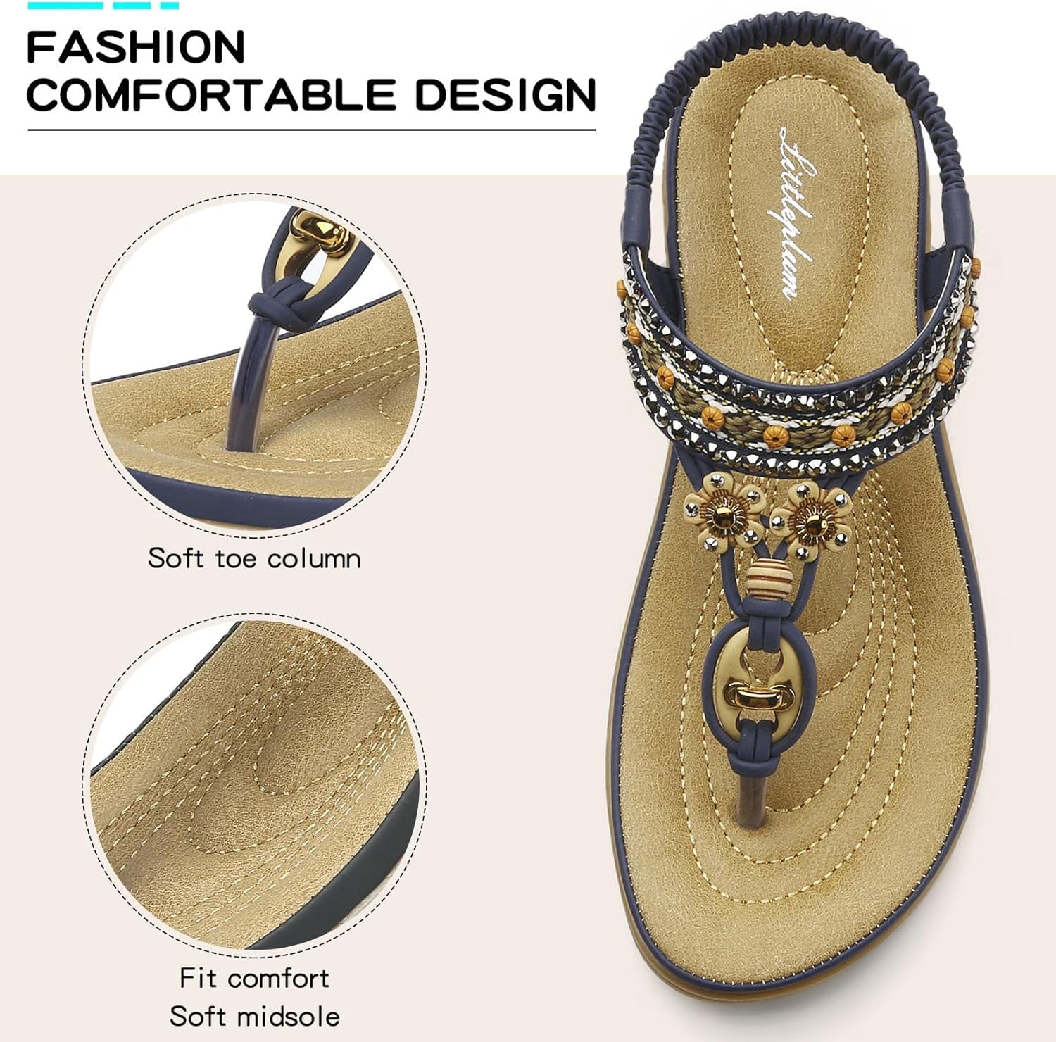 Littleplum Womens Sandals Arch Support Summer Beach Sandals Comfort Walking Shoes Bohemian Flip Flops Sandals for Women Blue Size 8.5