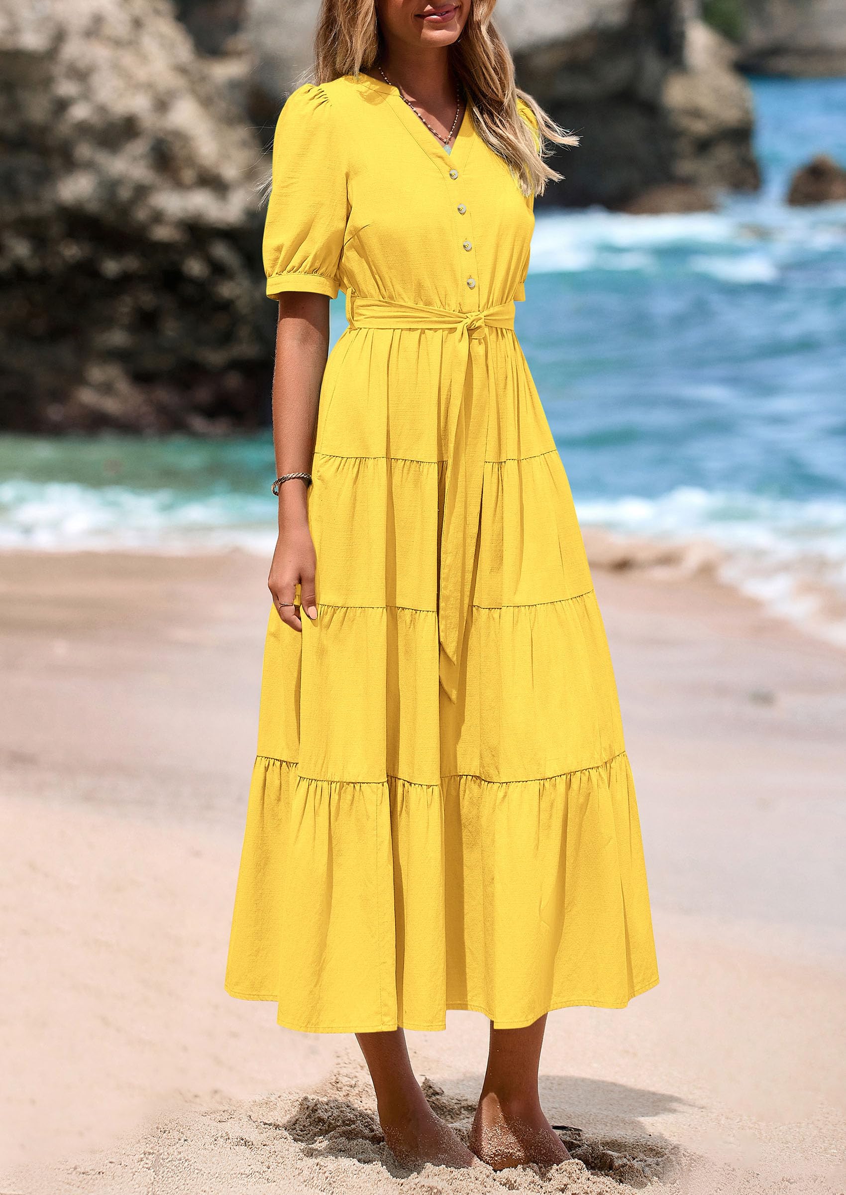 PRETTYGARDEN Summer Dresses for Women 2026 Elegant Classy Short Sleeve V Neck Ruffle A Line Belted Long Beach Vacation Dress (Yellow,XX-Large)