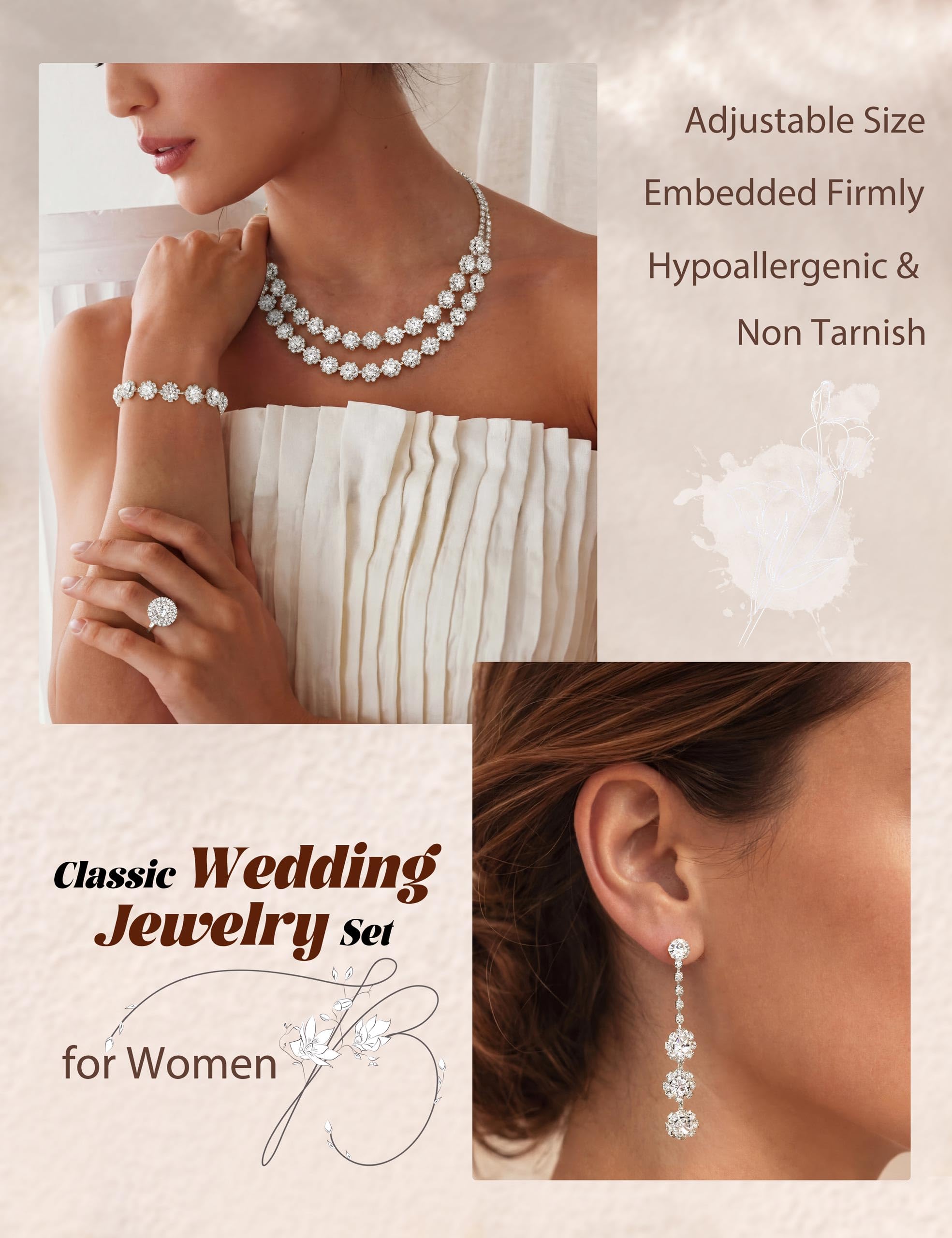 Tungary Silver Wedding Jewelry Sets for Women Hypoallergenic Choker Necklaces for Women Dangle Earrings Bracelet Adjustable Ring Wedding Jewelry Set for Bride Bridesmaid Party Prom Costume Accessories