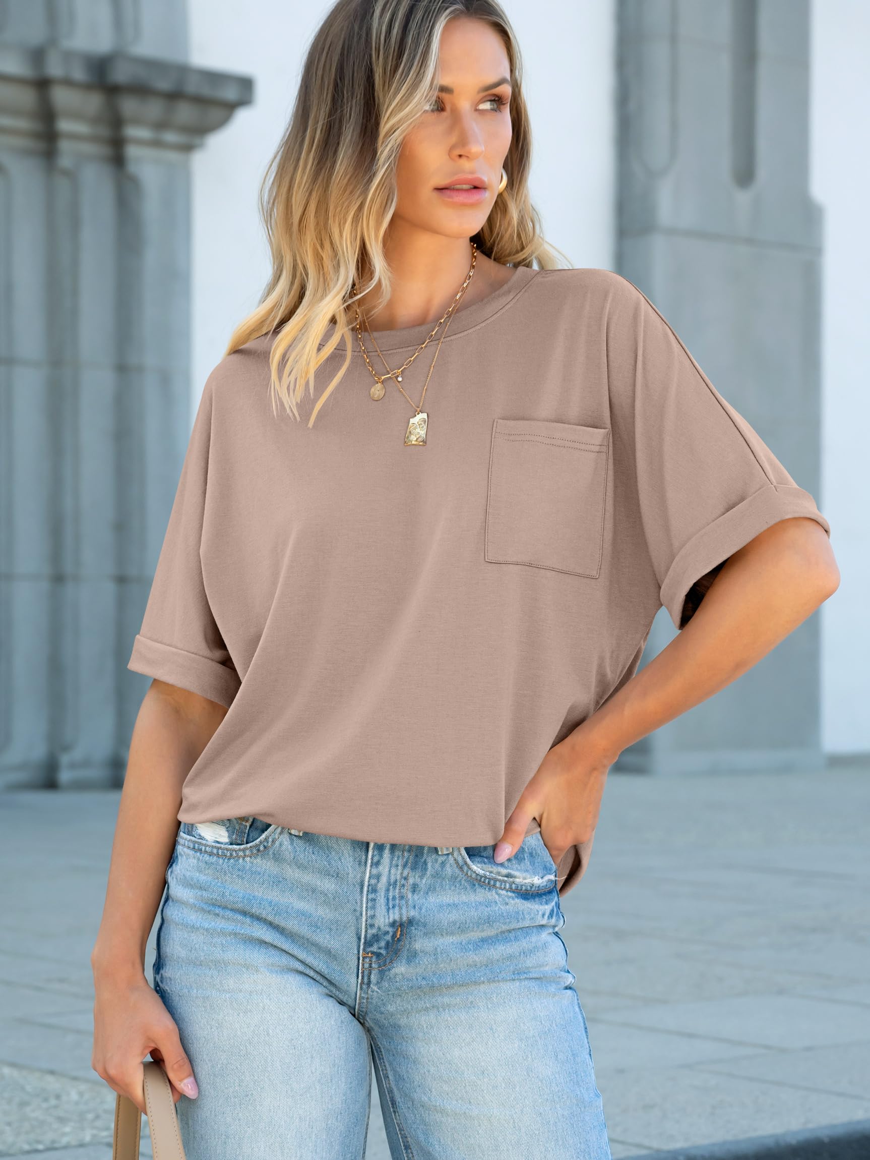 ANRABESS Women Oversized T Shirts Short Sleeve Summer Casual Loose Top Basic Tee with Pocket Khaki X-Large