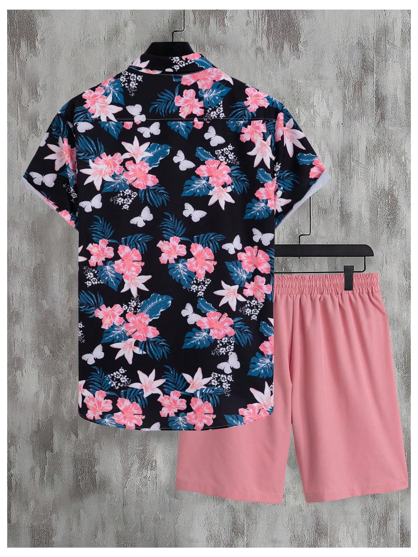 GORGLITTER Men's Vacation Beach Cruise Summer Outfits 2 Piece Shorts Set Hawaiian Button Down Shirt and Shorts Black and Pink Floral Large