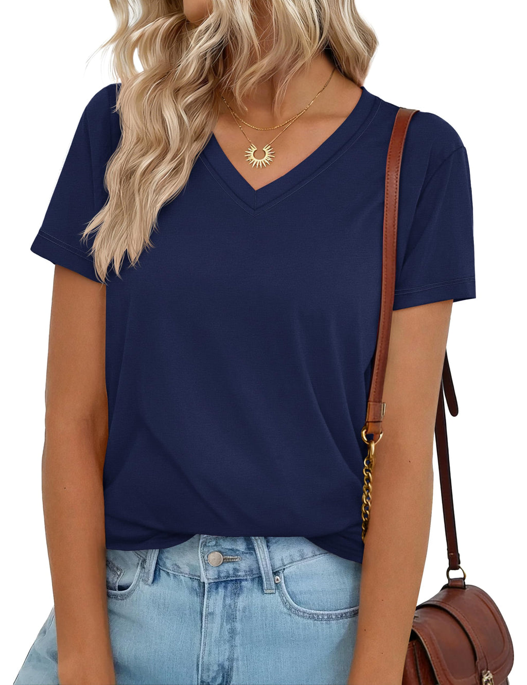YUCOLEN T Shirts for Women Cotton Short Sleeve V Neck Basic Tees Soft Breathable UPF 50+ Tops for Summer Spring Navy Blue
