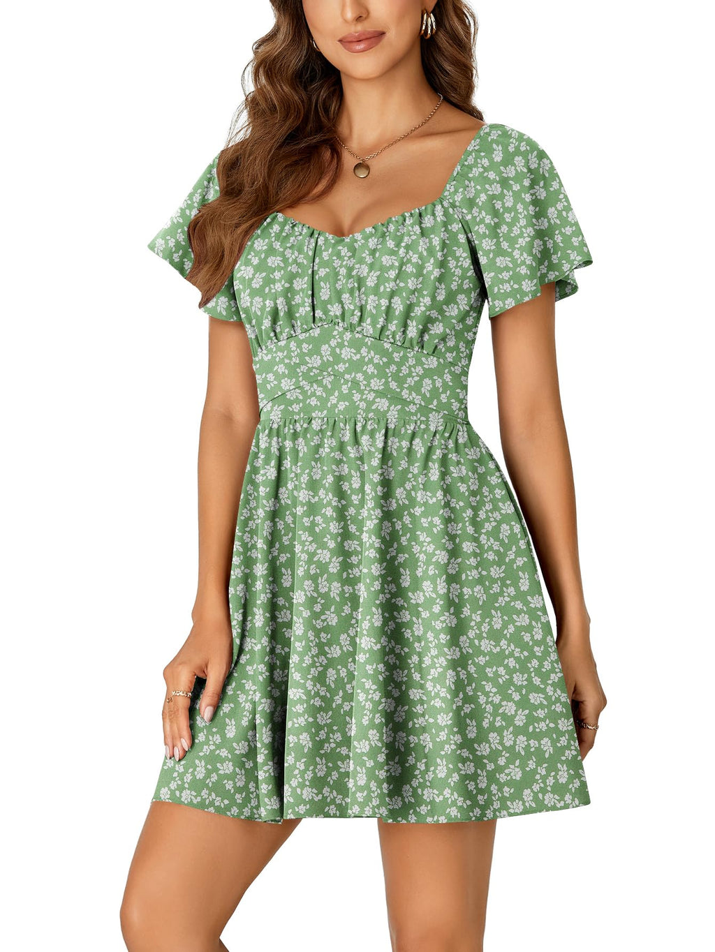 Rooscier Women's Tie Back Square Neck Ruffle Wrap Short Sleeve Flare Mini Dress Green Floral Medium