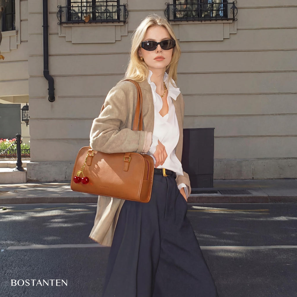 BOSTANTEN Shoulder Bag for Women Vegan Leather Purse with Cherry Charm Medium Handbag with Zipper for Daily Use, Brown