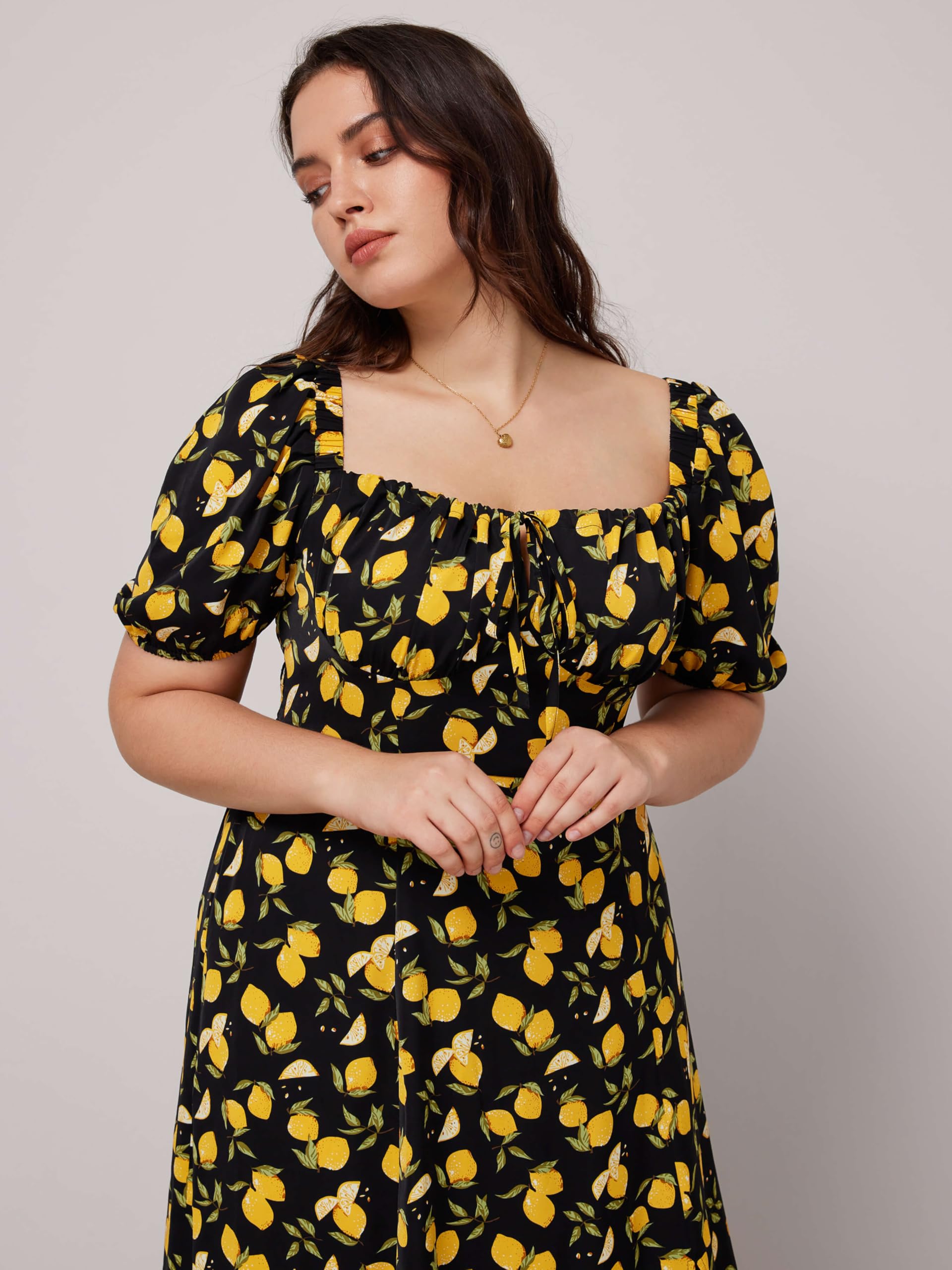 CIDER Women's Plus Size Dress Floral Fruit Square Neck Puff Sleeve Split Sun Dress Summer Midi Dresses Vacation Outfits Black