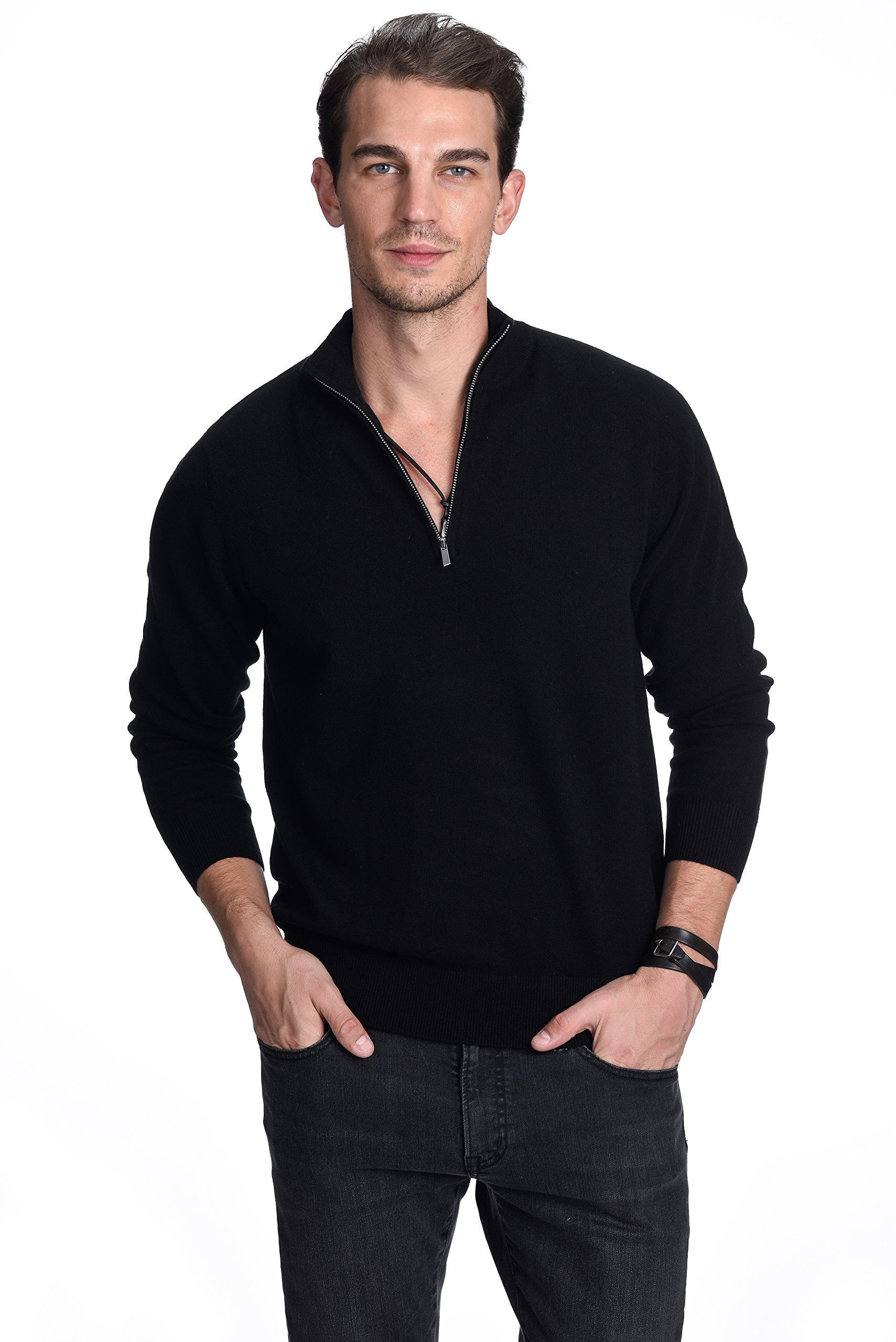 State Cashmere Men's Half Zip Mock Neck Sweater 100% Pure Cashmere Polo Neck Pullover (Black, Medium)