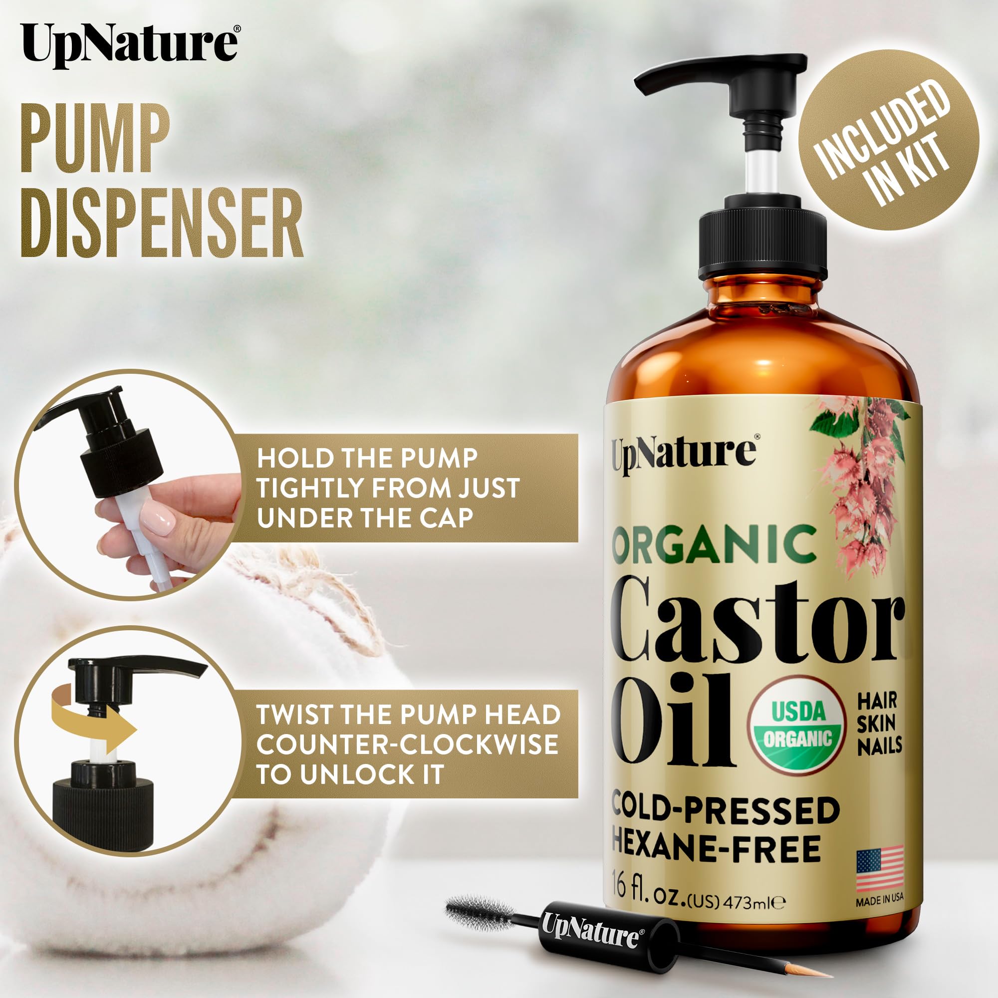 UpNature Organic Castor Oil in Glass Bottle (16 oz) 100% Pure Cold Pressed Unrefined Castor Oil for Hair Skin Face (Hexane Free)