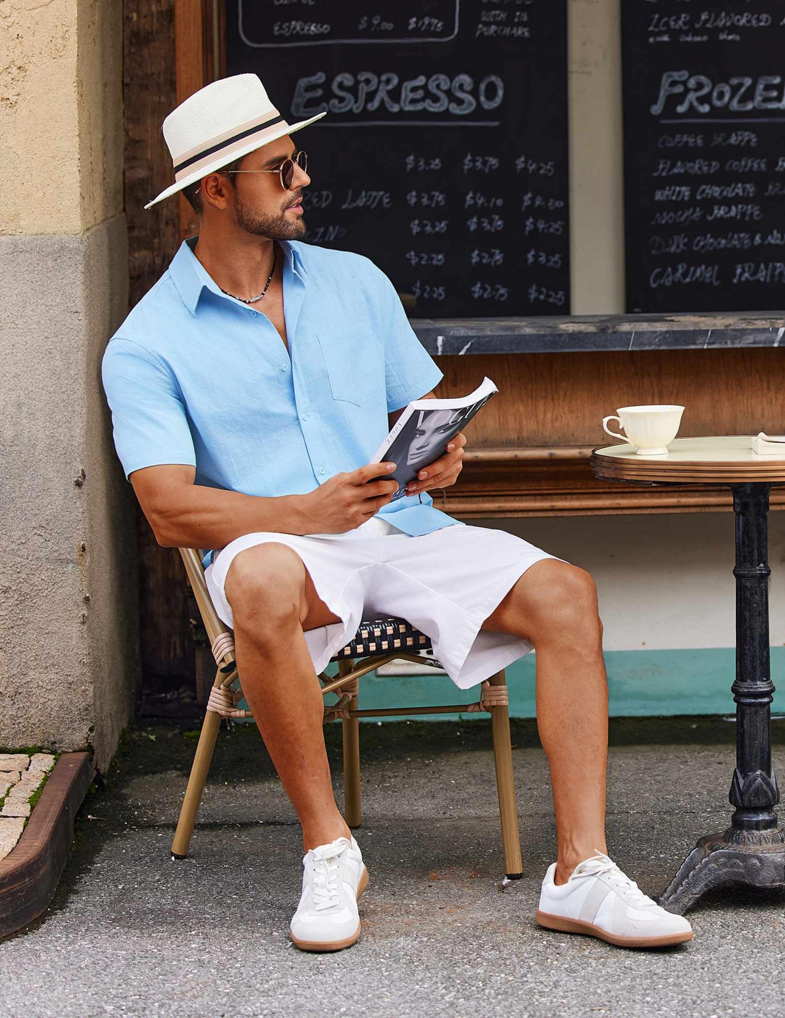COOFANDY Mens Short Sleeve Button Down Shirt Summer Beach Outfit Yoga Tee Clear Blue