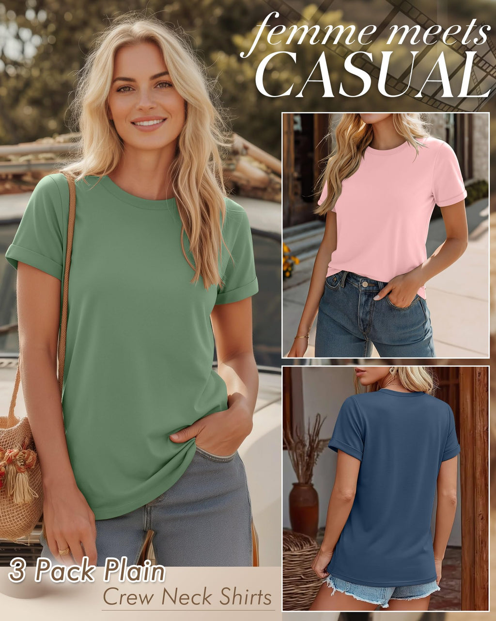 Huukeay 3 Pack Women's Cotton T Shirts Casual Short Sleeve Tunic Tops Crewneck Summer Plain Basic Loose Fit Tee(Haze Blue, Macaron Pink, Light Green,Medium)