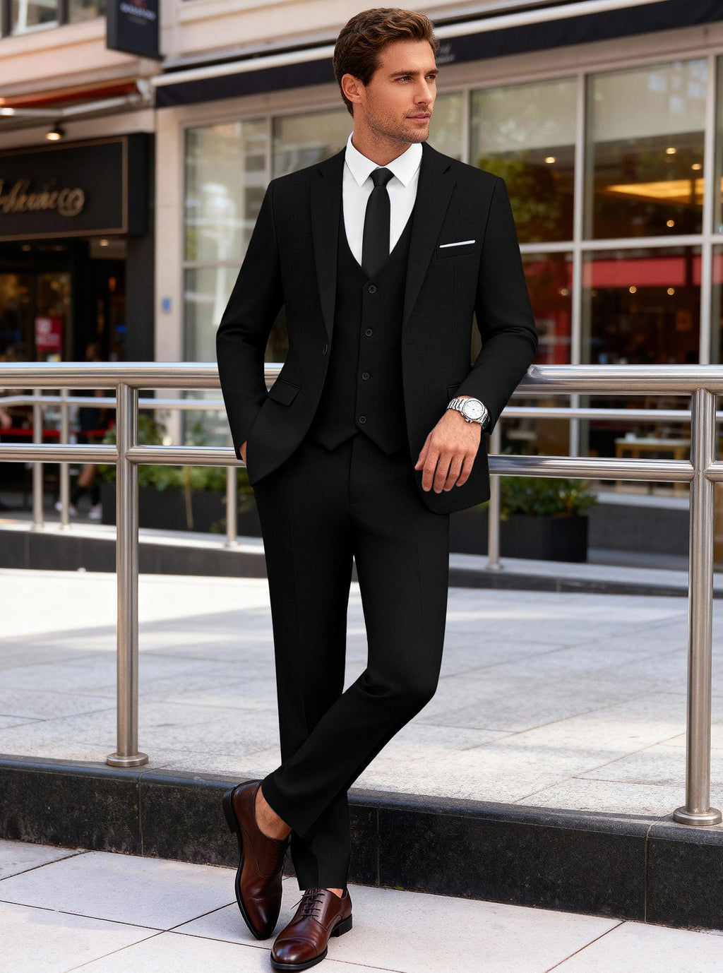 WULFUL Mens Suit 3 Piece Slim Fit Suits for Men One Button Blazer Jacket Pants Tuxedo Suit Set for Prom, Wedding and Business Black