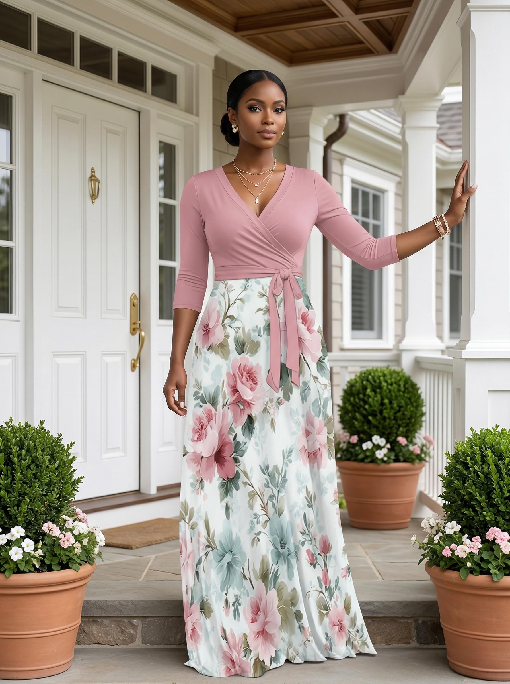 Maxi Dress for Women Elegant 3/4 Sleeve V Neck Ruffle Dress Wrap Tie Waist Sundress with Belt (A-Light Pink/Peony Floral L)