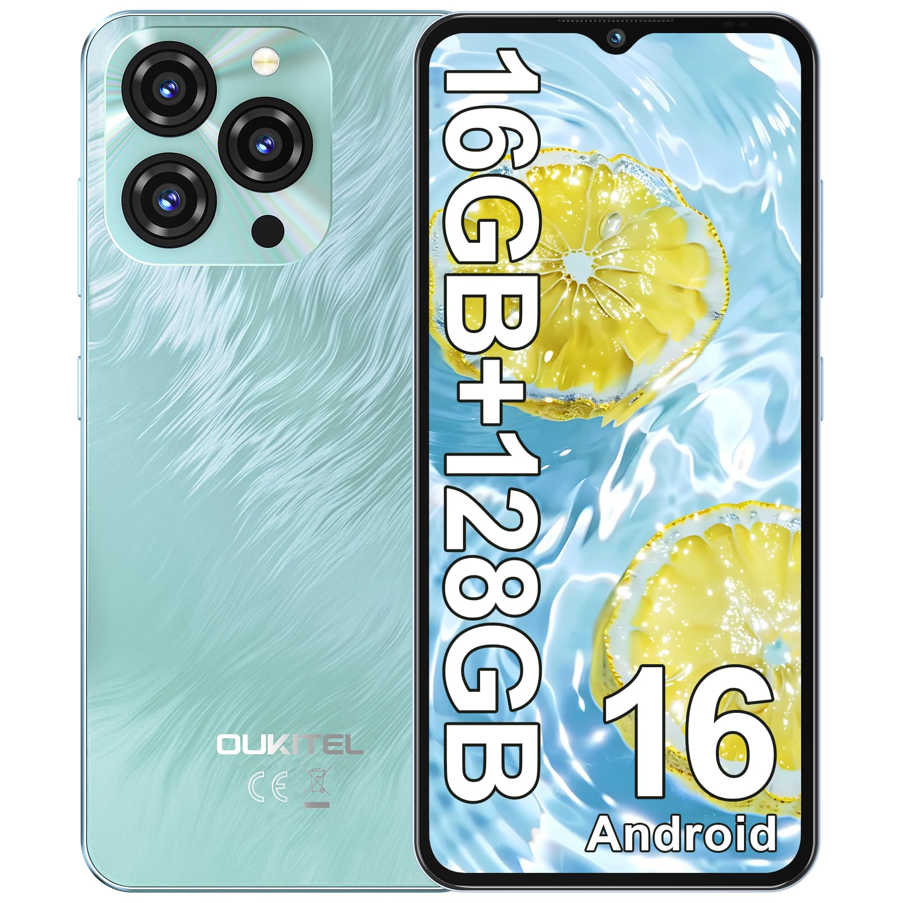 OUKITEL C3 Android 16 Cell Phone Unlocked-16GB RAM+128GB/TF 1TB ROM Smartphone, 5000mAh Battery, 6.52'' Waterdrop Screen, 13MP+5MP Camera, 4G Dual SIM Android Phone, Face ID/3.5mm Jack/GPS/BT5.0, Blue