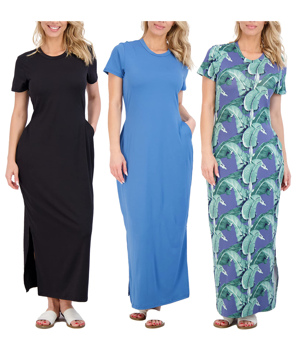 Real Essentials 3 Pack Women’s Casual Short Sleeve Maxi T-Shirt Dress with Slit - Set 1, M