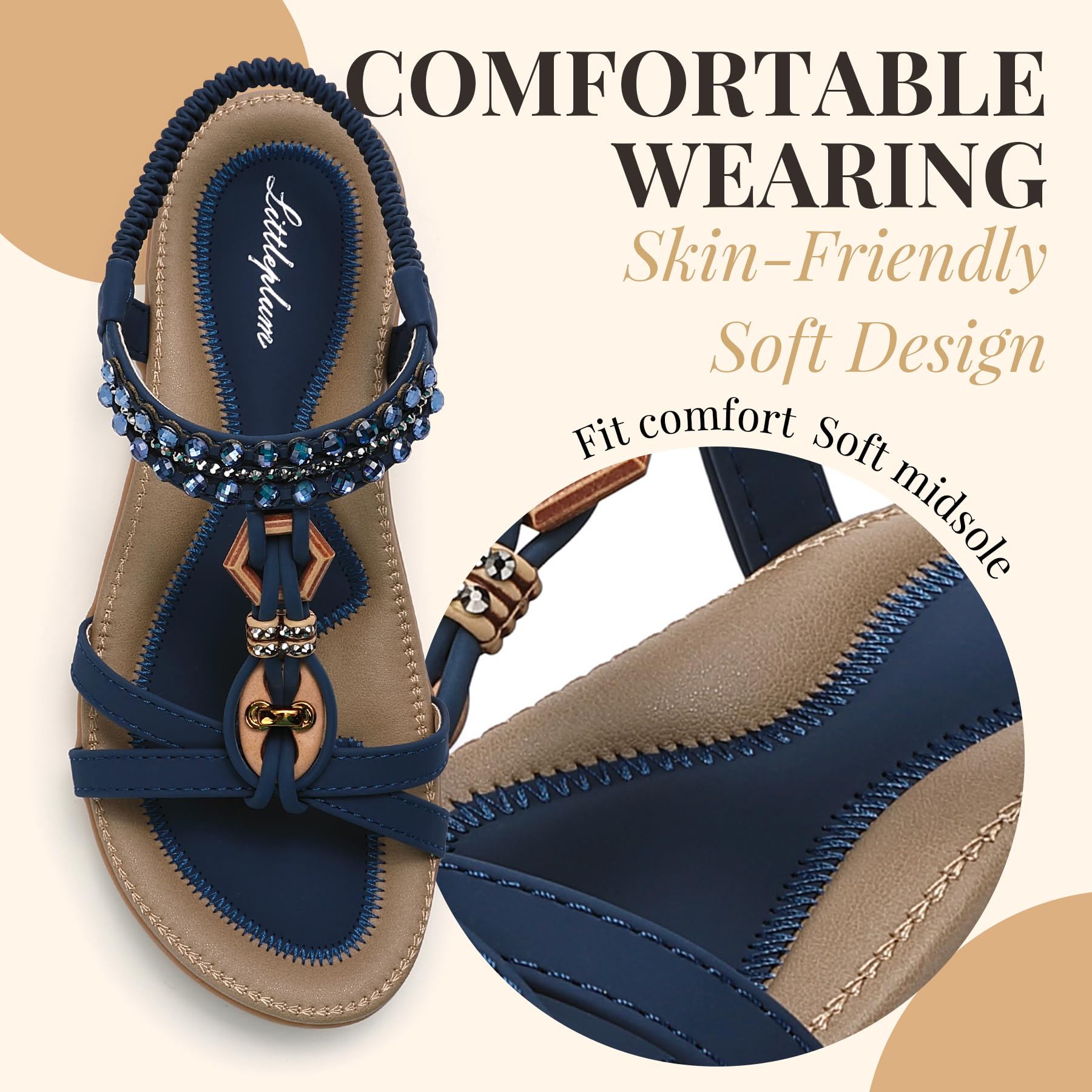 Littleplum Womens Sandals Arch Support Slingback Rhinestone Dressy Sandals Comfort Summer Shoes Ankle Strap Elastic Flats for Beach Walking Stylish Navy Blue Size 6
