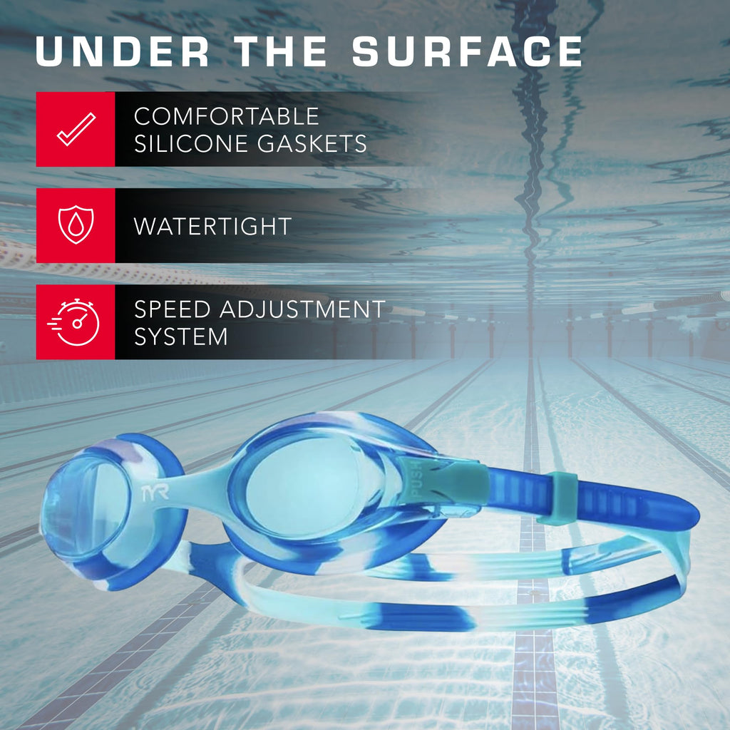 TYR Swimple Tie-Dye Kids' Swim Goggles - Non-Mirrored Swimming Goggles for Competitive Training and Recreation - Anti-Fog, UVA/UVB Protection, Watertight Seal - Blue/Green