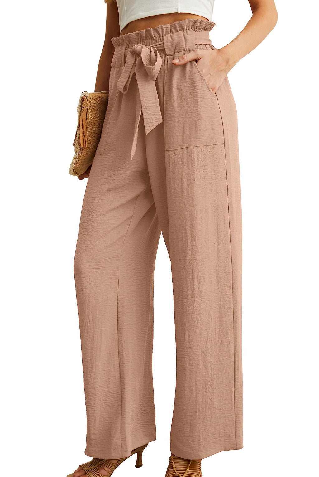 IWOLLENCE Women's Wide Leg Pants with Pockets High Waist Adjustable Knot Loose Casual Trousers Business Work Casual Pants Khaki Large