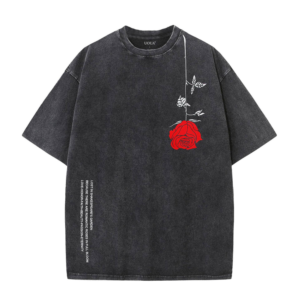 UOUA Mens Graphic Tees Vintage Oversized T-Shirts Casual Acid Wash Cotton Streetwear (S-2XL) Rose-Black