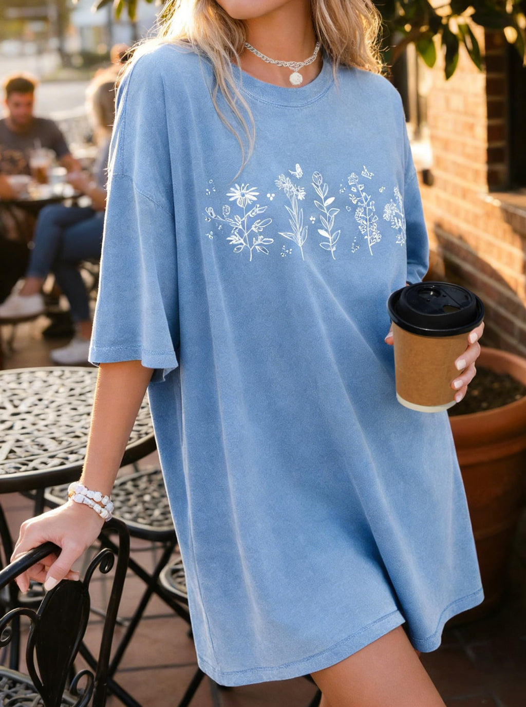 Remidoo Women's Casual Oversized Tshirt Short Sleeve Graphic Tee Flower Loose Shirts Blue Small