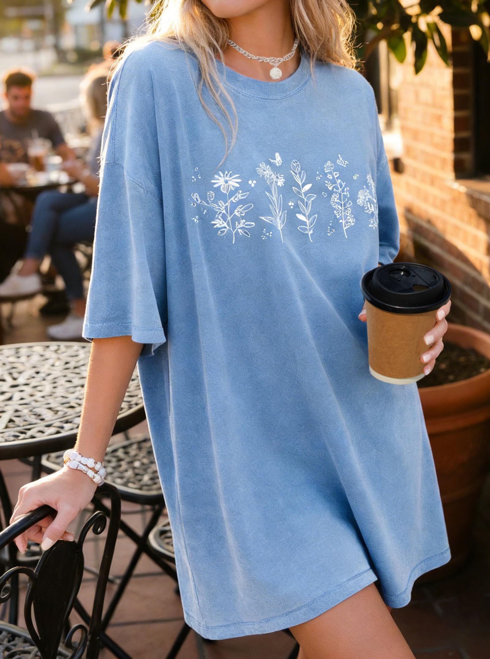 Remidoo Women's Casual Oversized Tshirt Short Sleeve Graphic Tee Flower Loose Shirts Blue Small