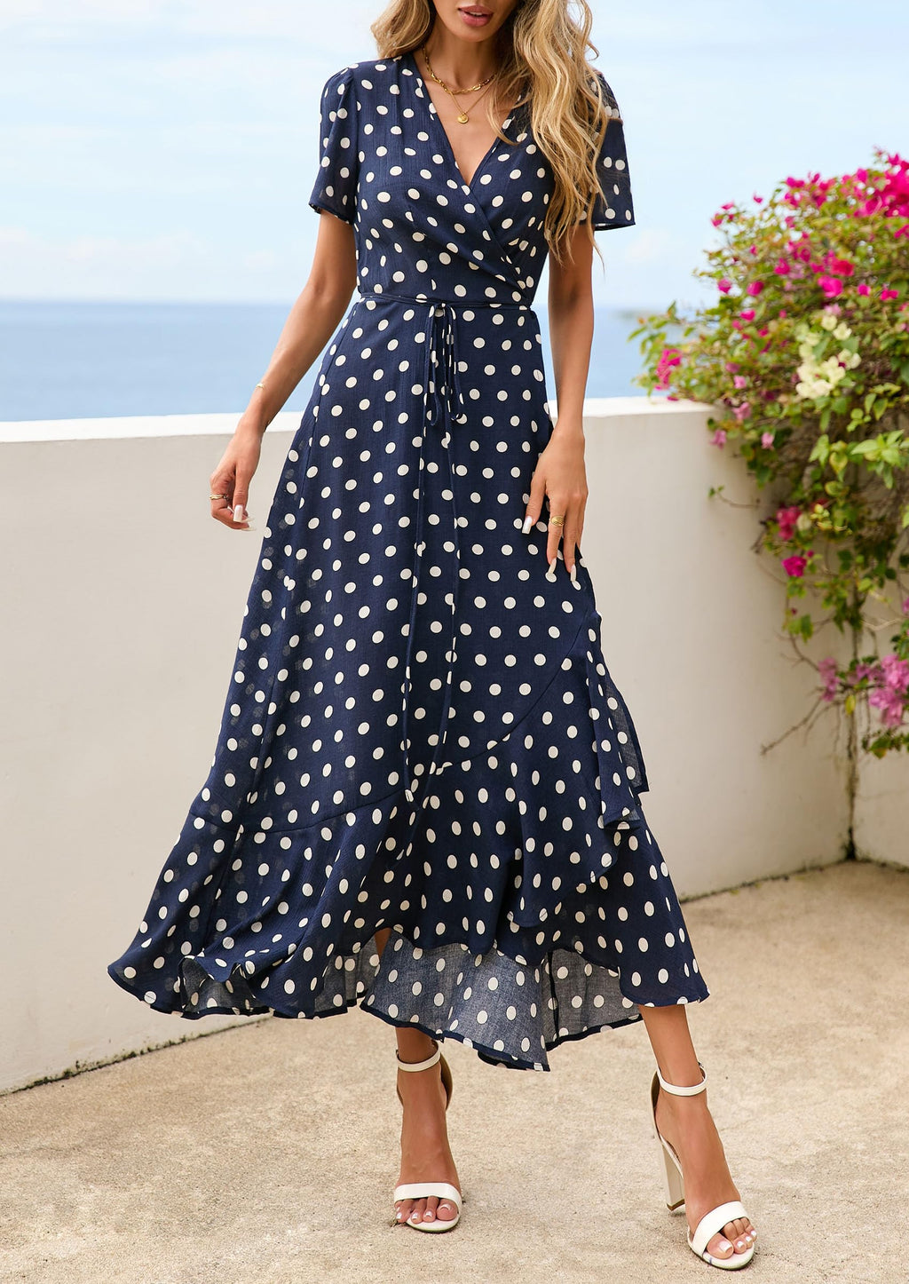 PRETTYGARDEN Women's Boho Floral Maxi Dress Summer Short Sleeve Wrap V Neck Long Flowy Beach Vacation Wedding Guest Dresses (Dot Navy White,Medium)