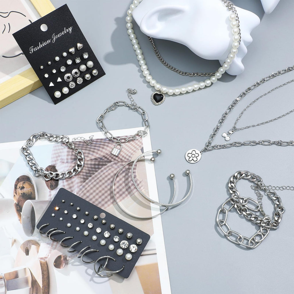 NEWITIN 69 Pieces Silver Jewelry Set for Women Fashion Costume Jewelry Silver Plated Necklace Bracelet Earrings Set for Women
