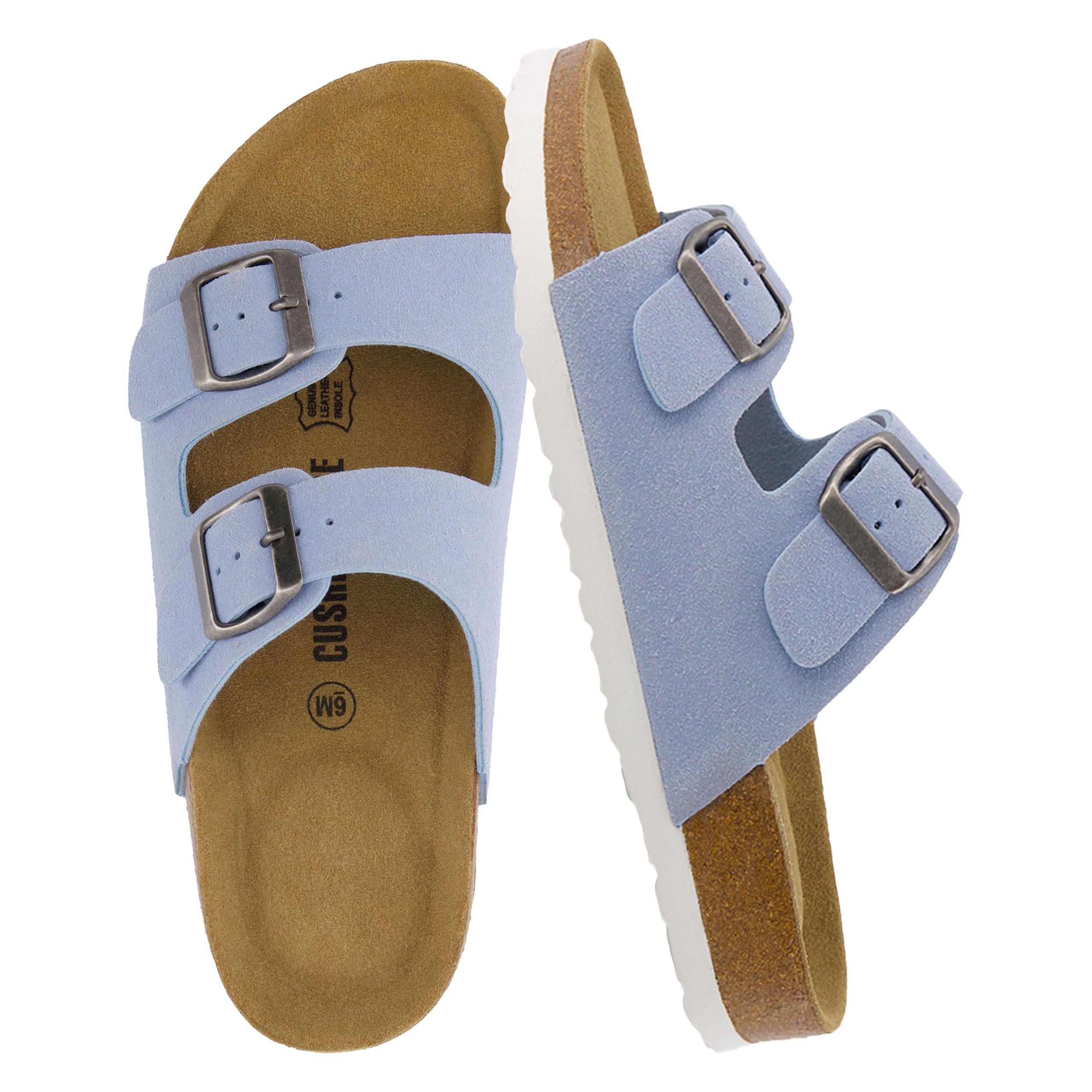 CUSHIONAIRE Lane Cork Footbed Womens Sandals Comfortable Double Buckle Slip On Sandals for Women with Arch Support and Classic Two Strap Design, BLUE 11