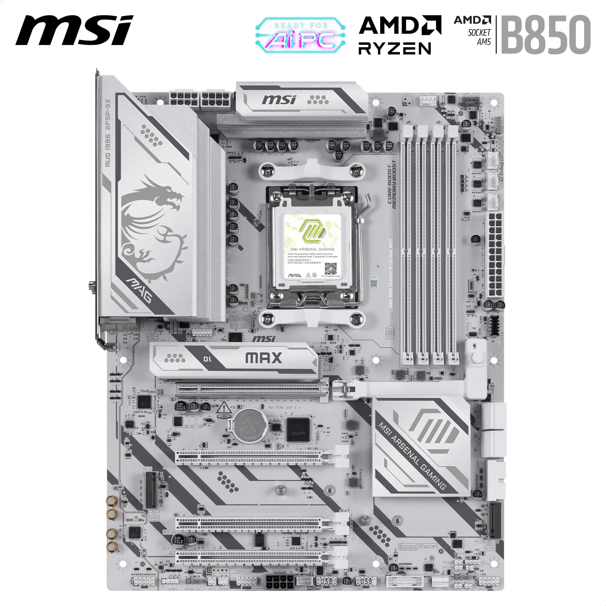 MSI MAG B850 Gaming Plus MAX WiFi Motherboard, ATX - Supports AMD Ryzen 9000/8000 / 7000 Processors, AM5, DDR5 Memory Boost (up to 8200+ MT/s OC), PCIe 5.0 x16, M.2 Gen5, Wi-Fi 7, 5G LAN