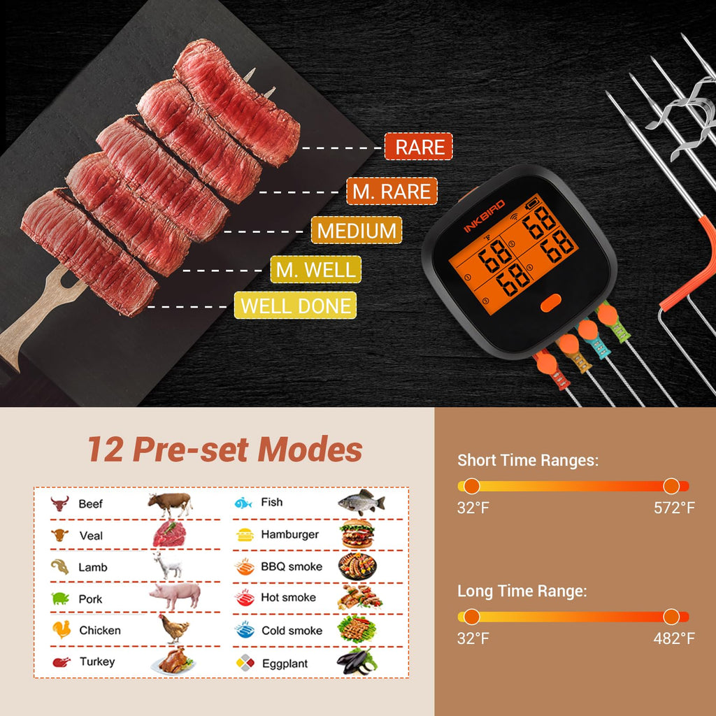 INKBIRD WiFi Meat Thermometer IBBQ-4T, Wireless WiFi BBQ Thermometer for Smoker, Oven | APP Calibration Temp Graph | Mobile Notification Timer Alarm | Rechargeable Digital Grill Thermometer, 4 Probes