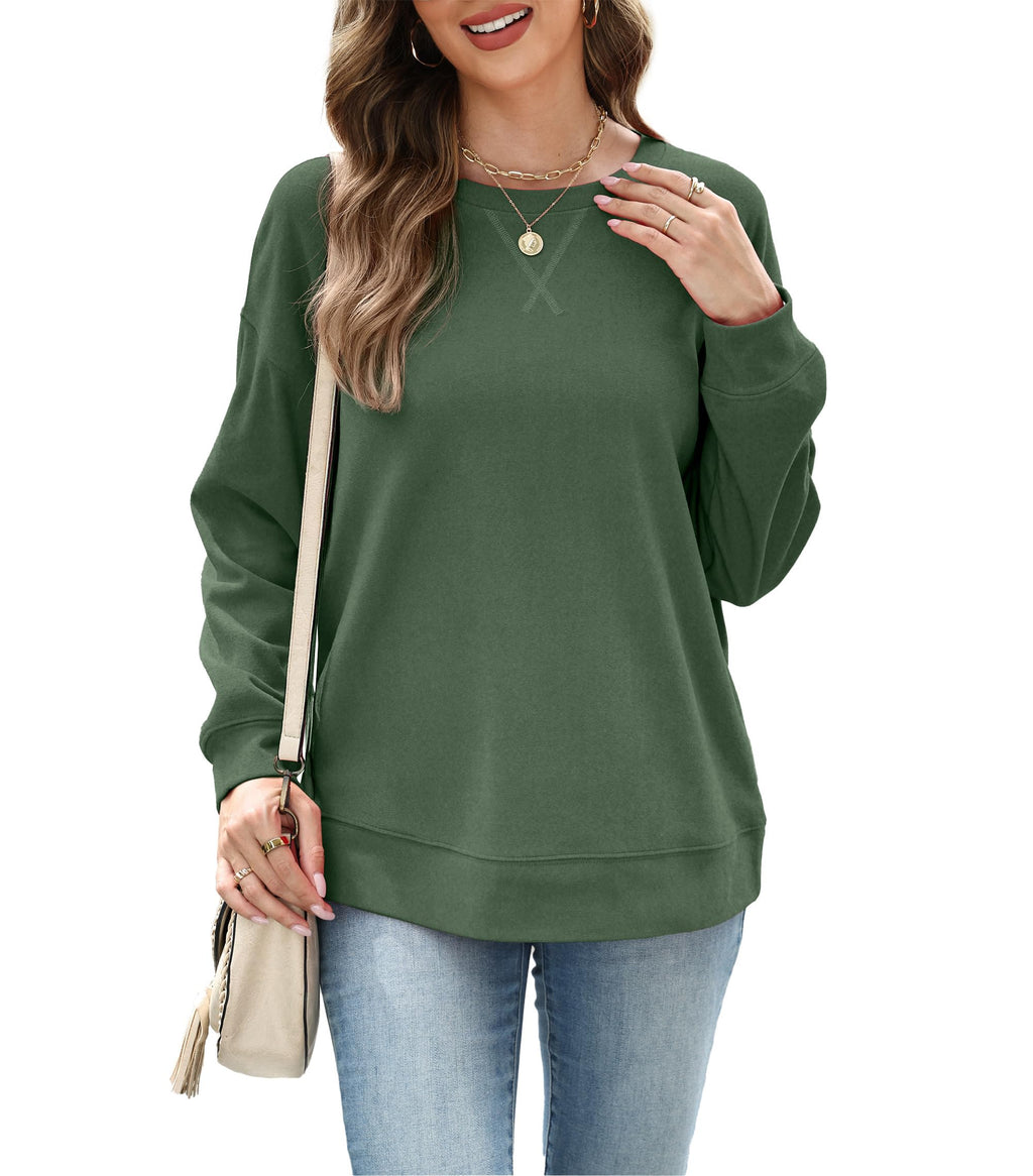 RUMIA Womens Casual Long Sleeve Crewneck Sweatshirt Loose Fit Solid Basic Pullover Tunic T Shirts Tops Sweatshirts for Women 2025 Green Large