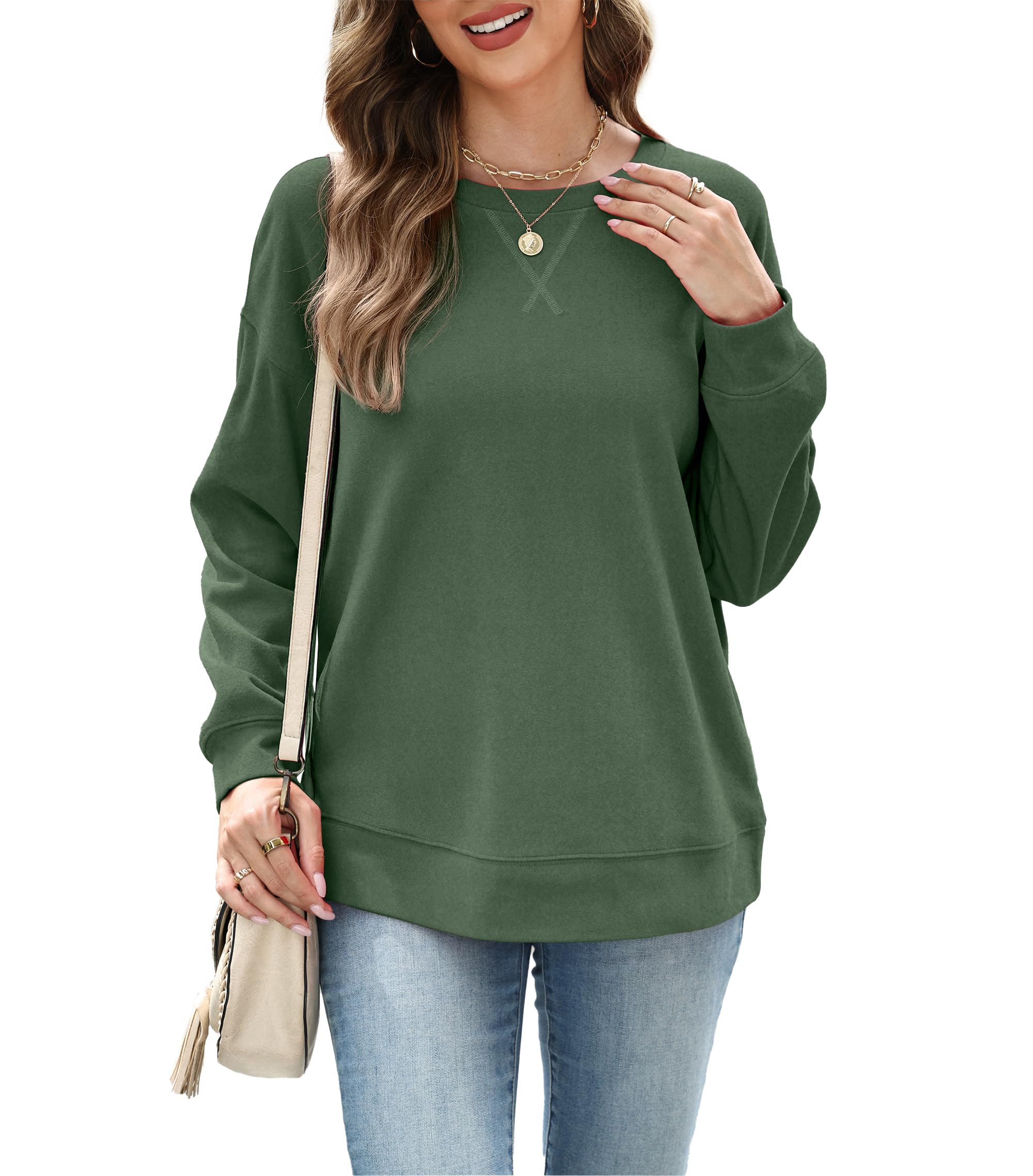 RUMIA Womens Casual Long Sleeve Crewneck Sweatshirt Loose Fit Solid Basic Pullover Tunic T Shirts Tops Sweatshirts for Women 2025 Green Large